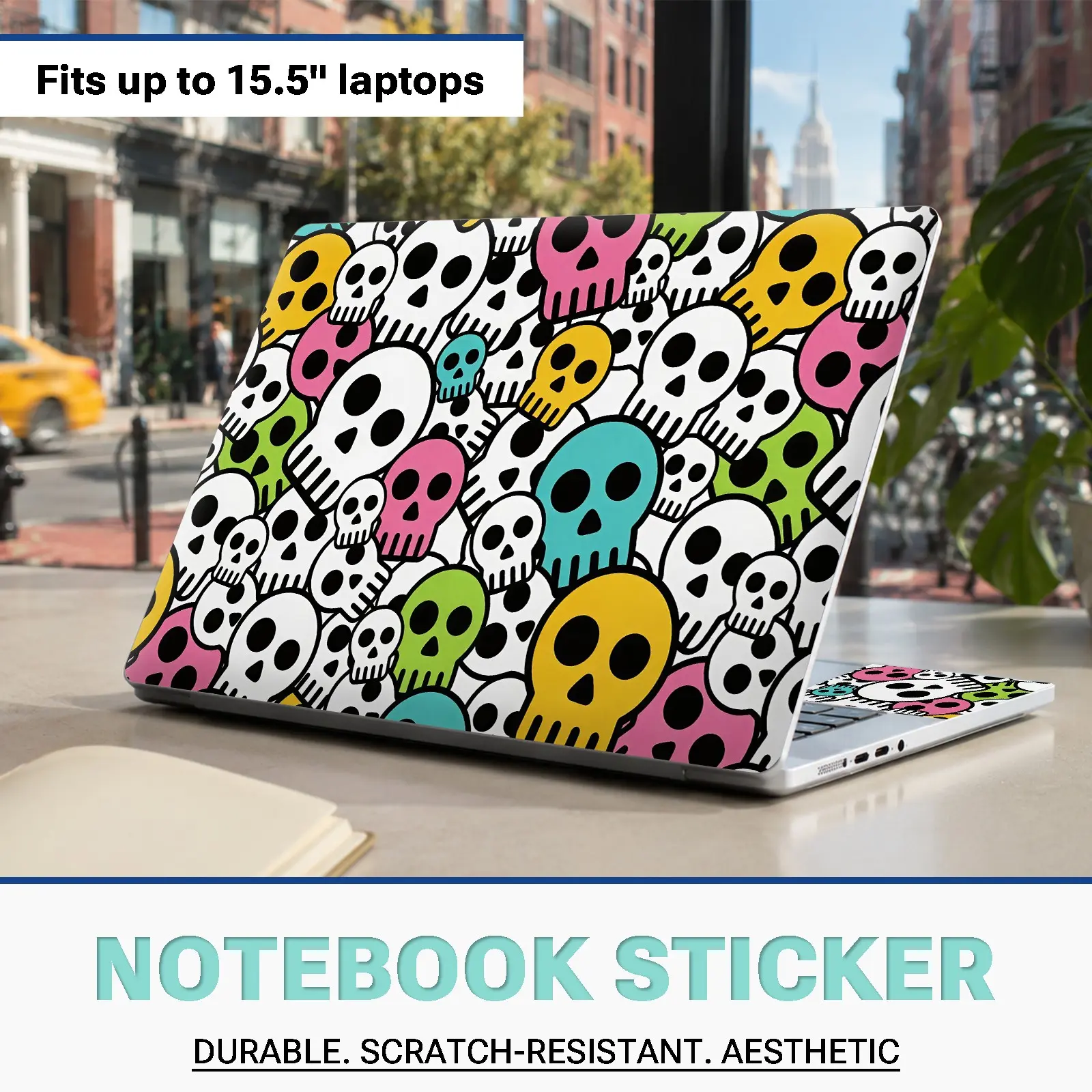 Colorful Skull Pattern Laptop Vinyl Sticker Set, 3 Pieces, Fits 15.5 Inch Laptops, Waterproof, Scratch-Resistant, Removable Without Residue