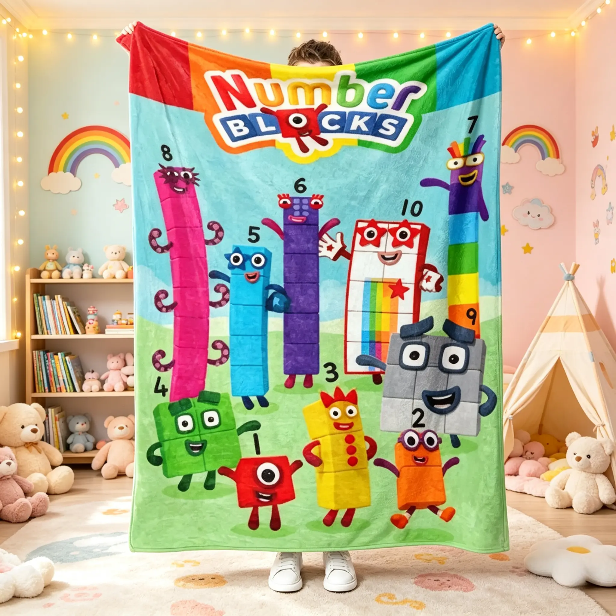 Number Blocks Cartoon Building Blocks Printed Flannel Throw Blanket, Soft Warm Cozy Blanket for Nap, Sofa, Office Bed, Camping Travel, Multifunctional Gift Blanket, Contemporary Style, All Seasons