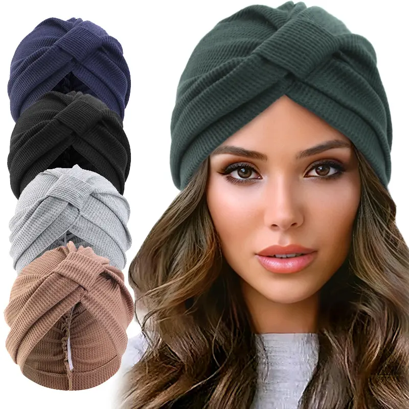 Effortless Waffle Knit Twist Front Turban Beanie Stretchy Breathable Cross Knot Headwrap Full Hair Coverage Women Casual Sleep Outdoor Daily Wear