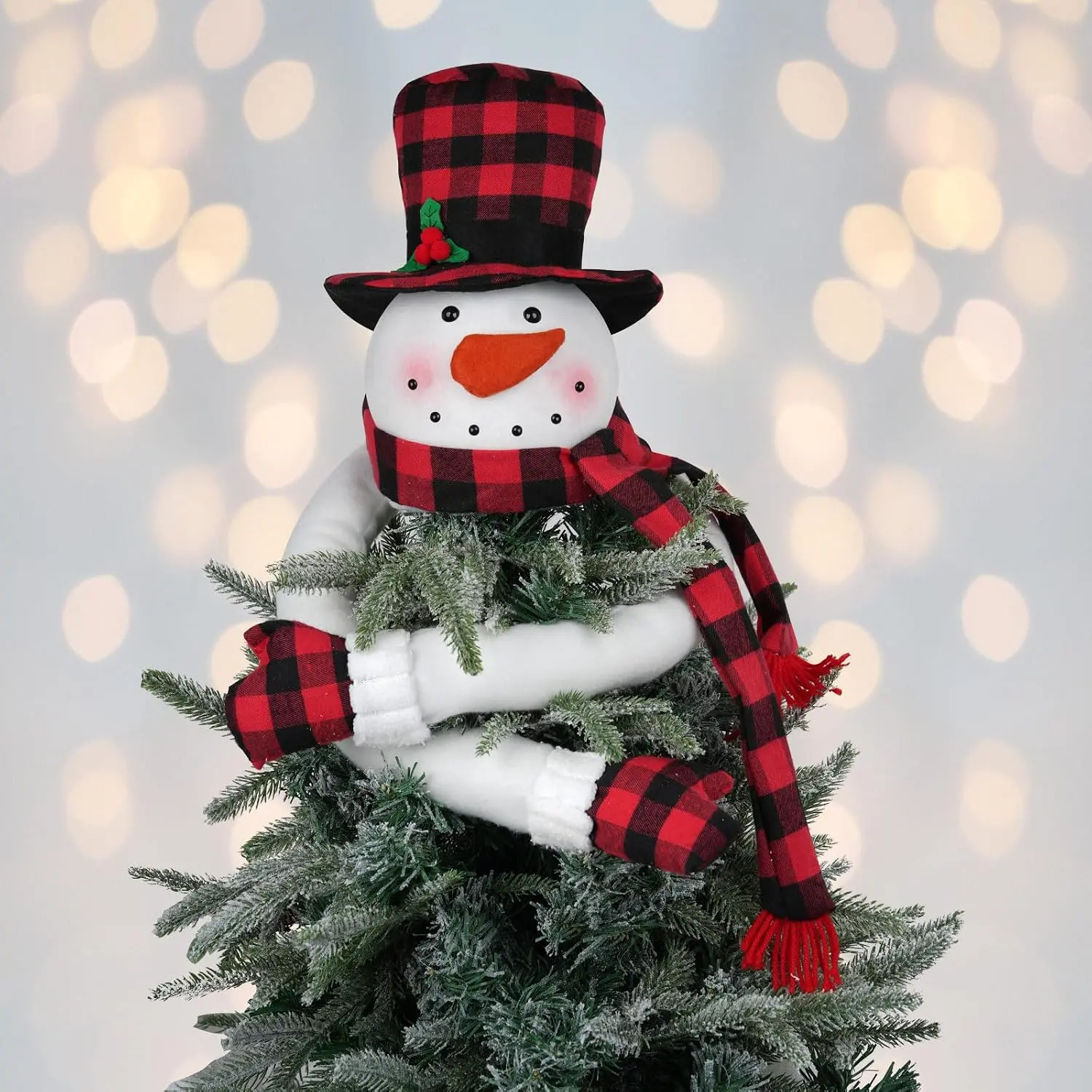 Christmas Snowman Tree Topper, Large Plush Snowman Treetop Hugger with Red and Black Buffalo  Hat & Scarf,  Xmas Tree Ornament Holiday Winter Wonderland  Party Decorations Supplies