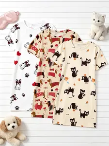 Women's Nightgowns 3 Piece Matching Bundle Cute Cartoon Pet Aesthetic Dog Cat Print Summer Sweet Playful Style Short Sleeve Crew Neck Silky Soft Breathable Lightweight Sleep Shirt Dress Home Sleepover Lounge Wear