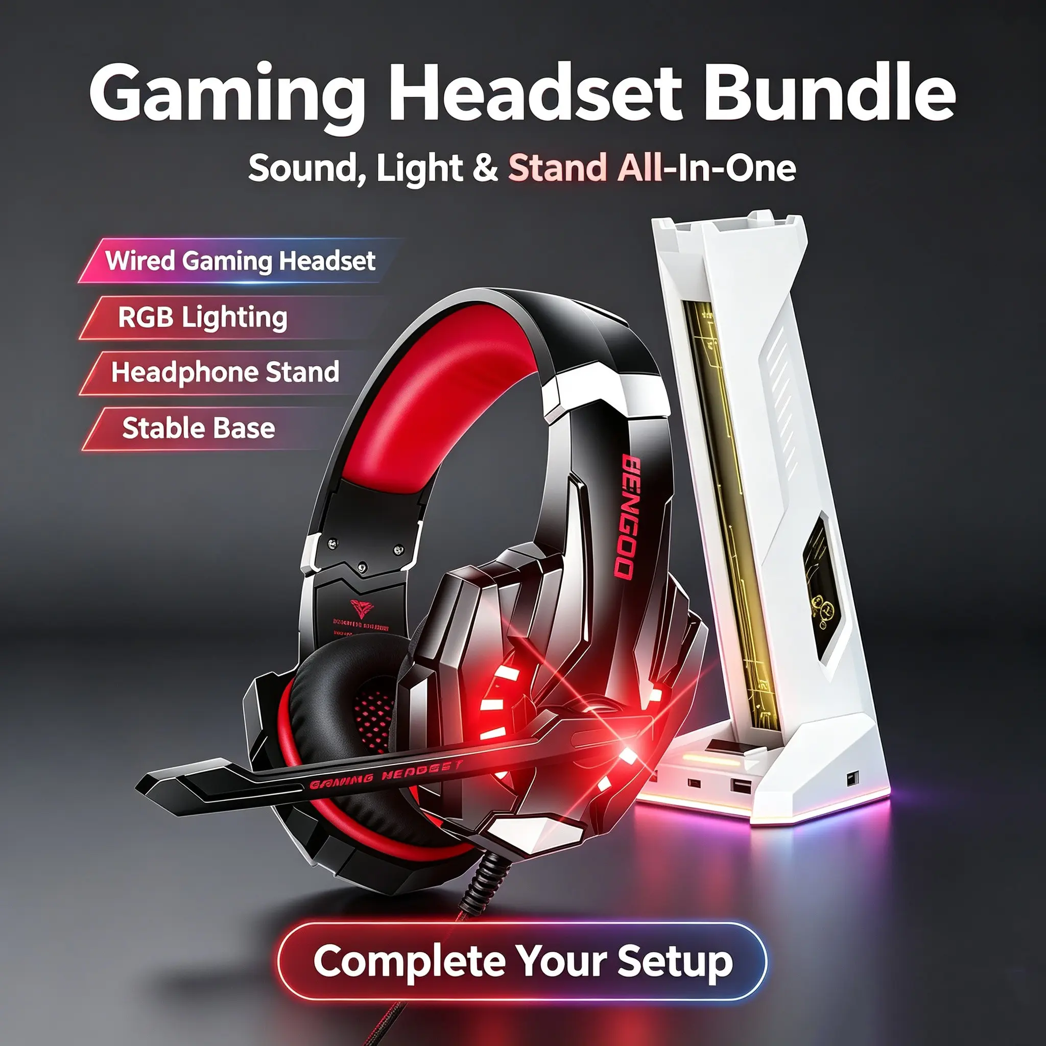 Gaming Headset with RGB Headphone Stand Bundle, 7.1 Surround Sound Over Ear Gaming Headphones with Noise Cancelling Mic, RGB Headset Holder with 4 USB & Type-C Charging Port, Compatible with PC PS4 PS5 Xbox Switch Laptop, Computer Headset