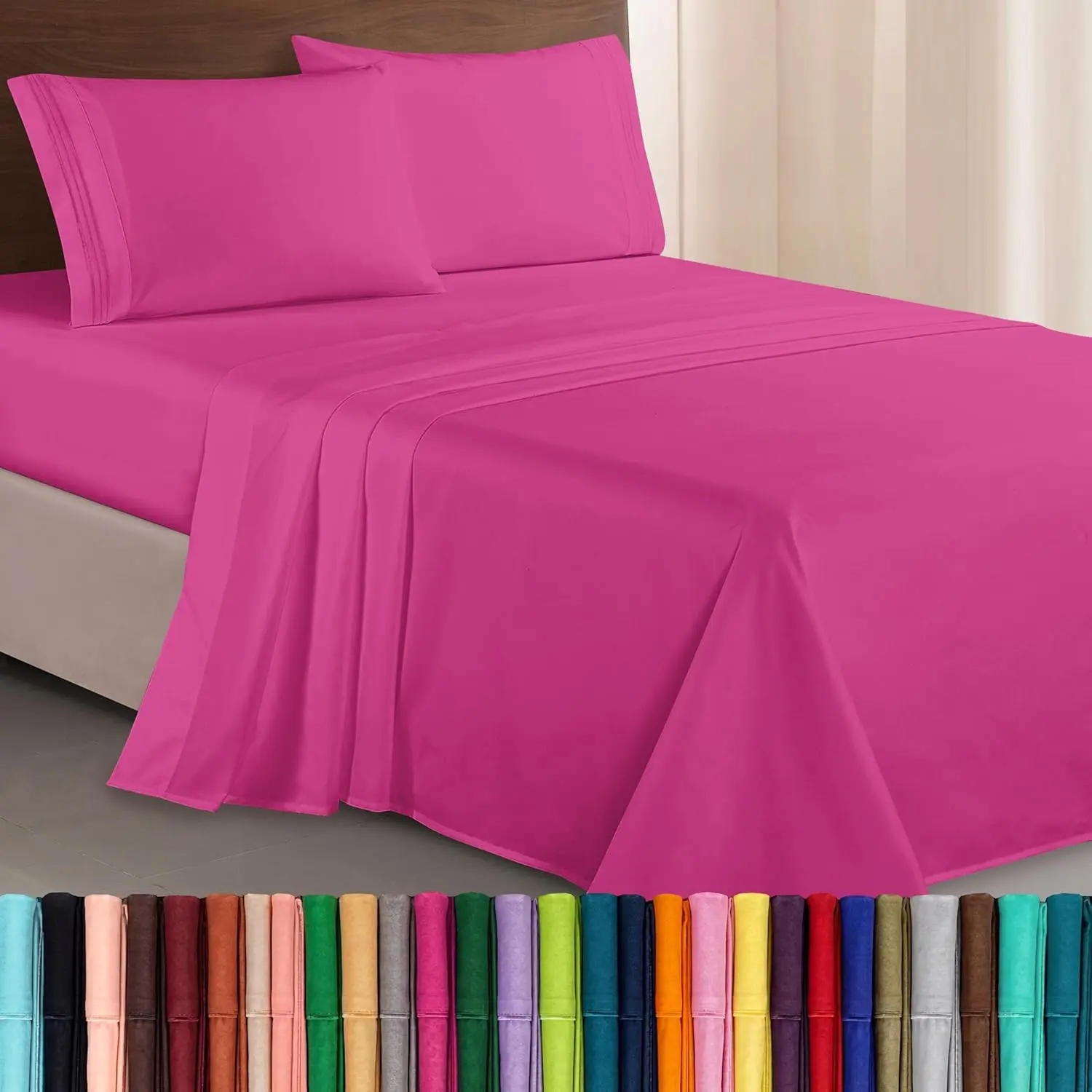 Luxurious 1500 Premium Hotel Quality Microfiber Three Line Embroidered Softest 4-Piece Bed Sheet Set, Wrinkle and Fade Resistant, Queen, Hot Pink