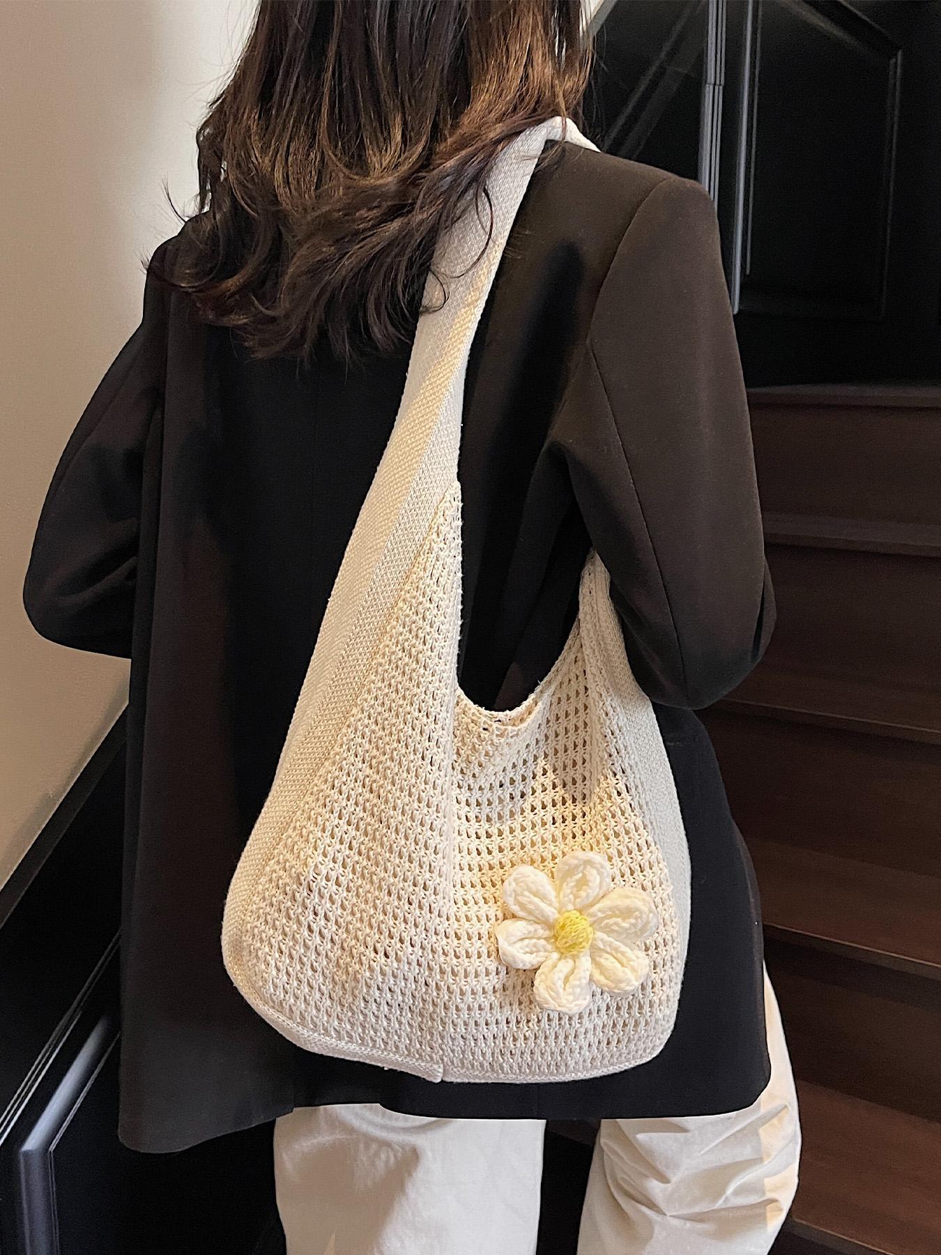 Women's Solid Color Straw Bag with Flower Decor, Fashionable Crochet Shoulder Bag Crossbody for Daily Used, Casual Trendy Versatile High-quality Daily Commuting Bag, Stylish Versatile Bag, Casual Trendy Purses