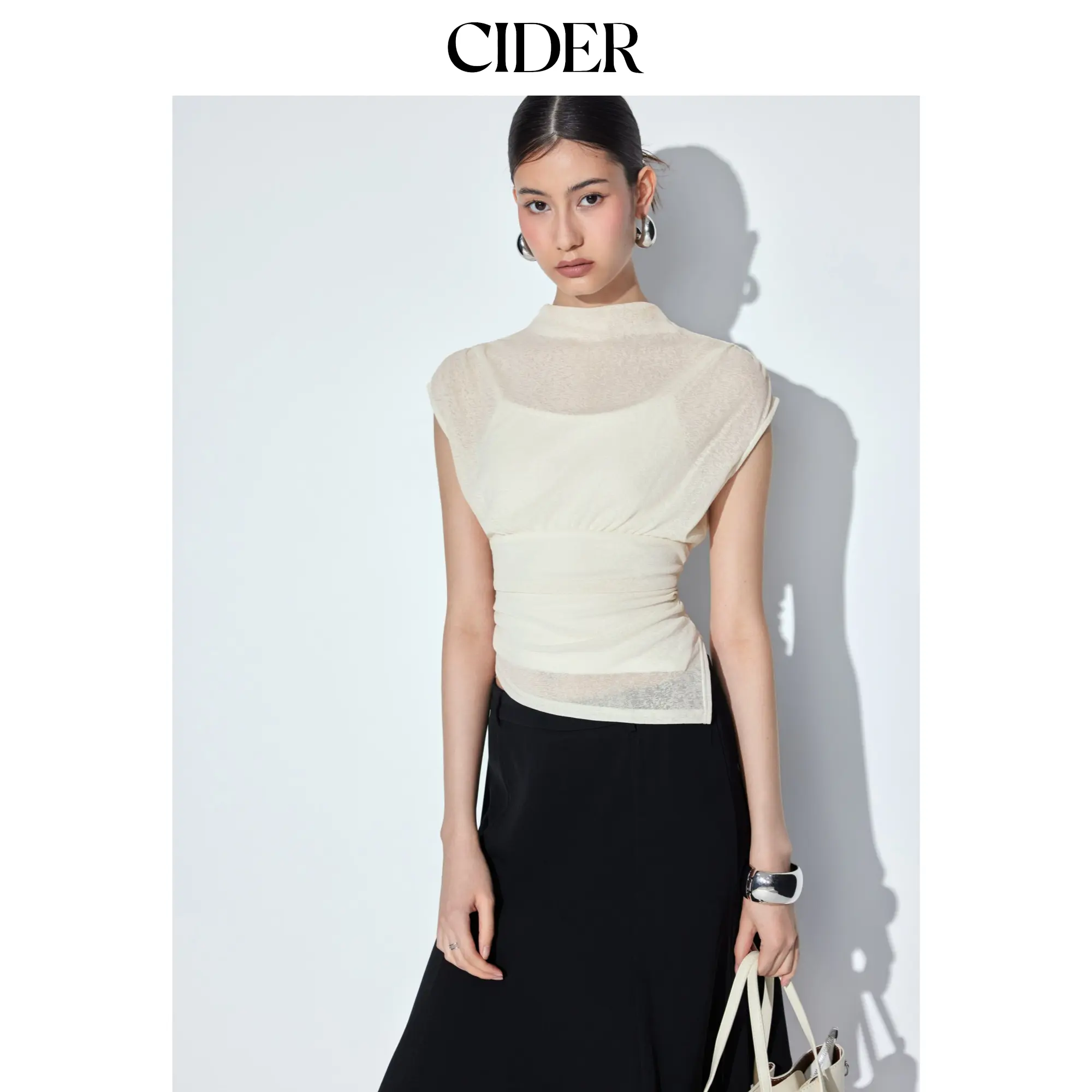 Cider High Neck Ruched Asymmetrical Sheer Short Sleeve Top