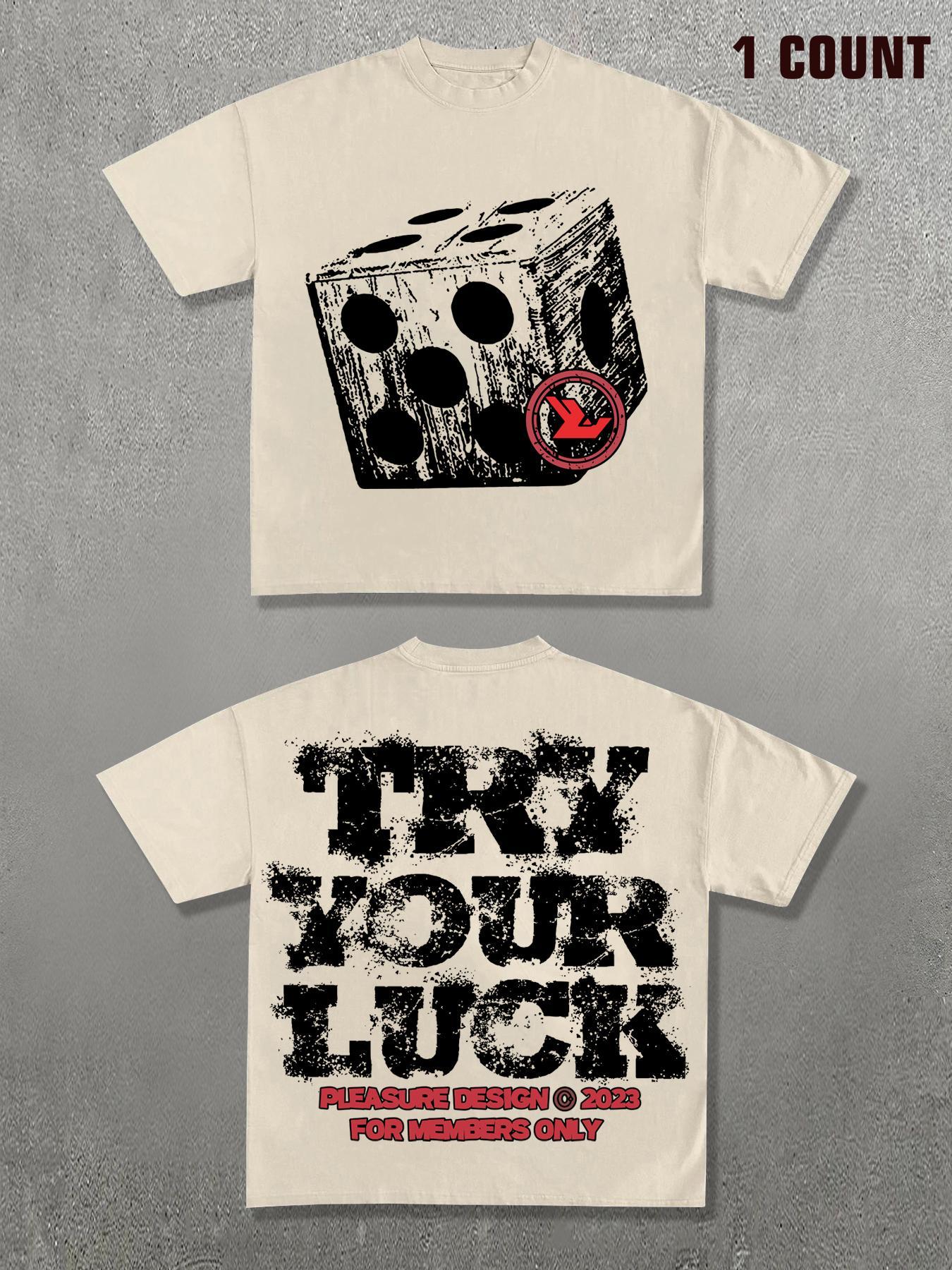 Men's Letter & Dice Print Round Neck Tee, Loose Street Fashion Casual Short Sleeve T-shirt for Daily Wear, Men's Summer Clothes