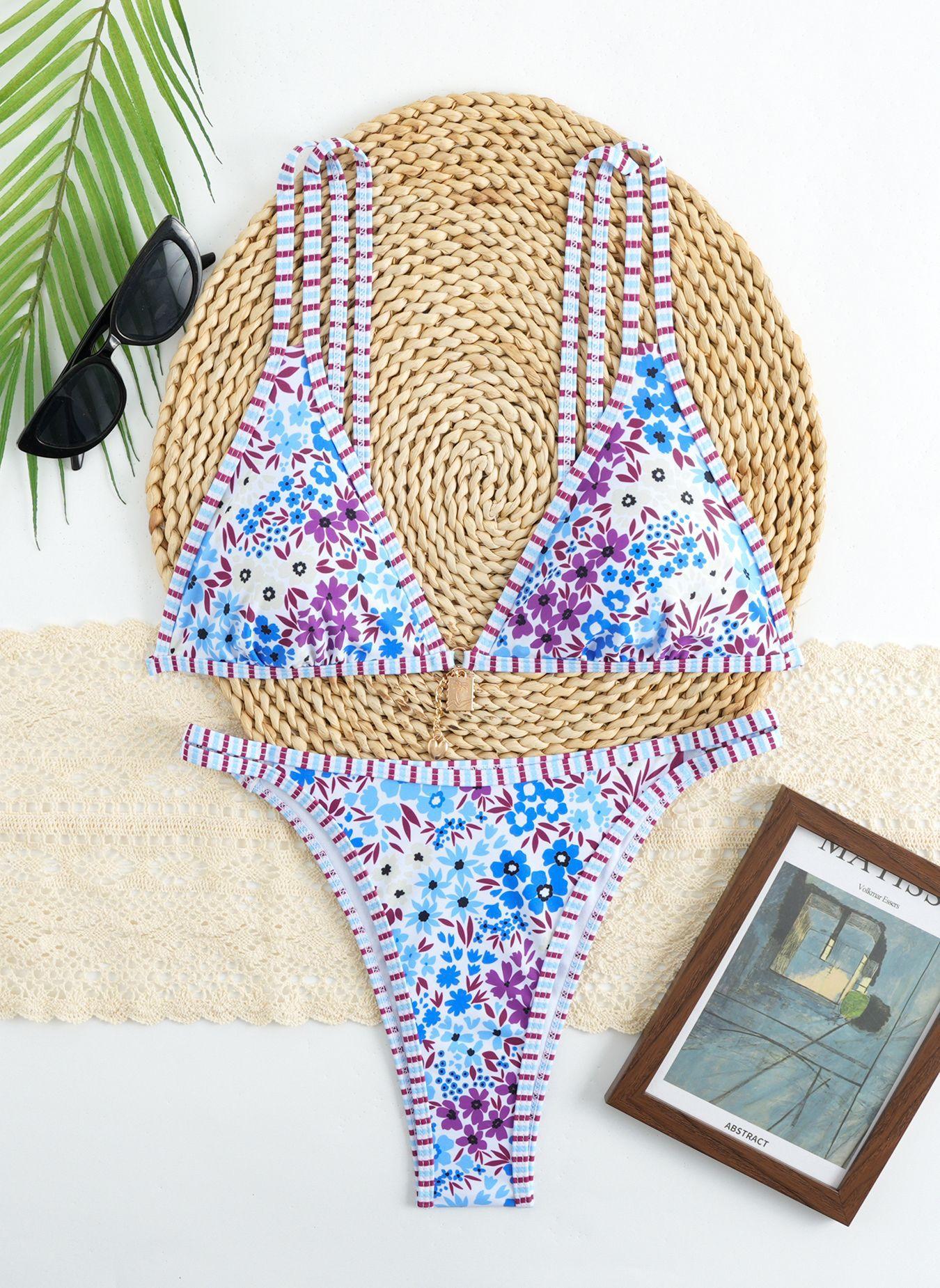 Women's Floral Print Bikini Set, Flower Print Bikini, Casual Fashion Chic Swimsuit Set for Beach Holiday Vacation, Ladies Swimwear for All Seasons