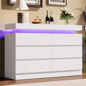 6 Drawer Bedroom Dresser with LED Lights and Charging Station – Modern 47.2" Wide Double Chest, Large Storage Cabinet, Open Shelf, Fluted TV Stand for Living Room, Entryway, Hallway