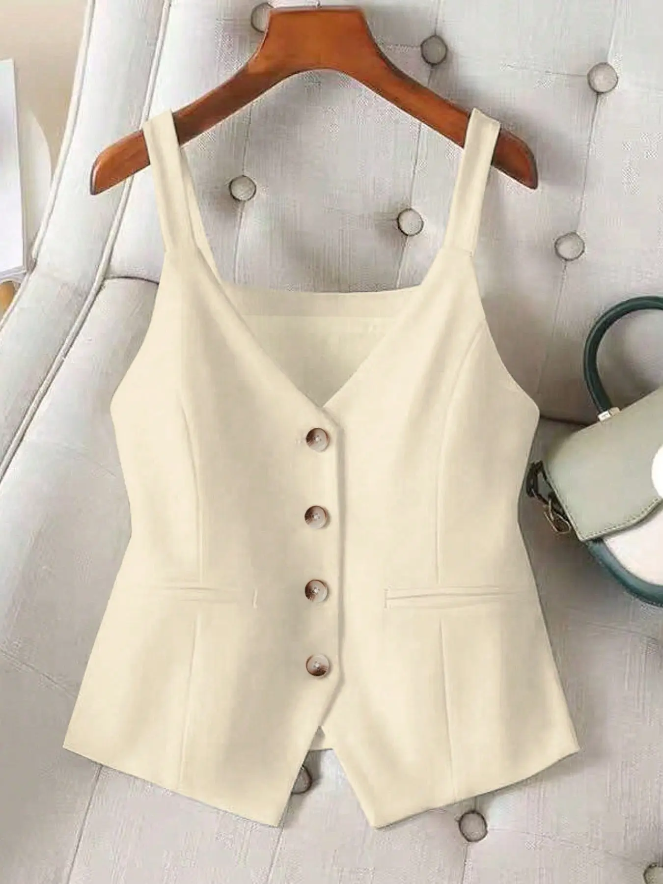 Women's Sleeveless Spaghetti Strap Crop Vest, V-Neck Button Down Waistcoat, Layering & Daily Wear, Stylish Breathable Summer Top