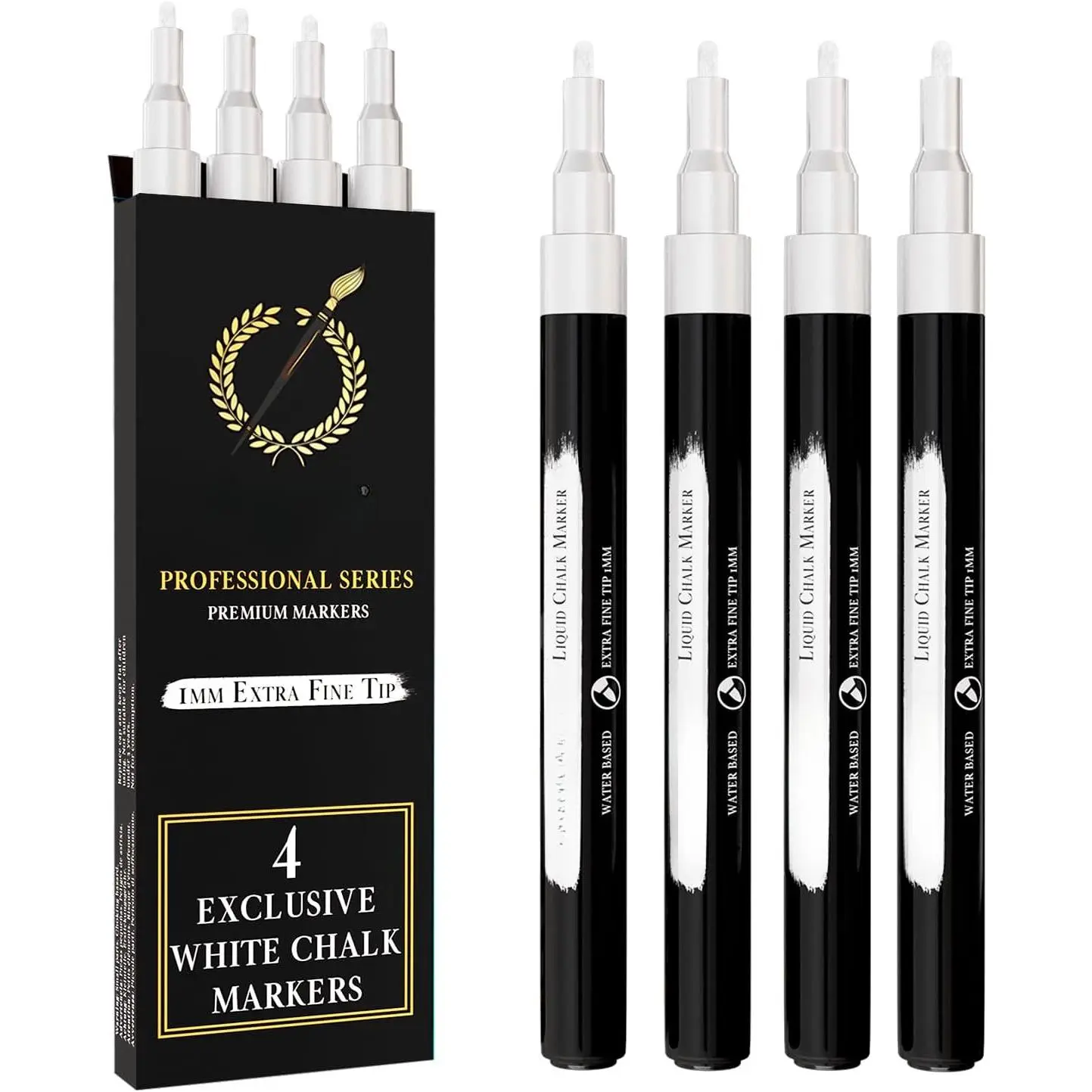 ® 4 White Chalk Markers Fine Tip | 1mm Tip | For Windows, Blackboard, Dry Erase Board, Chalkboards, Glass, Easy Erase | White Chalk Pens Fine Tip