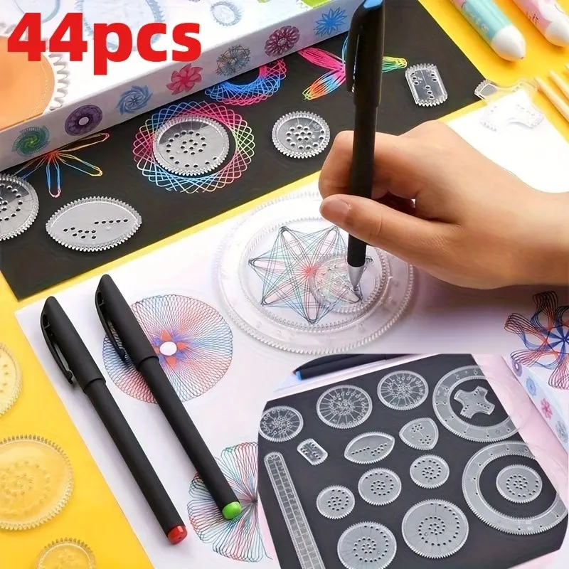 44-Piece Professional Geometry Drawing Set, Multi-Functional Ruler Pen Kit, Transparent Magic Drawing Template, Create Stunning Spiral Patterns