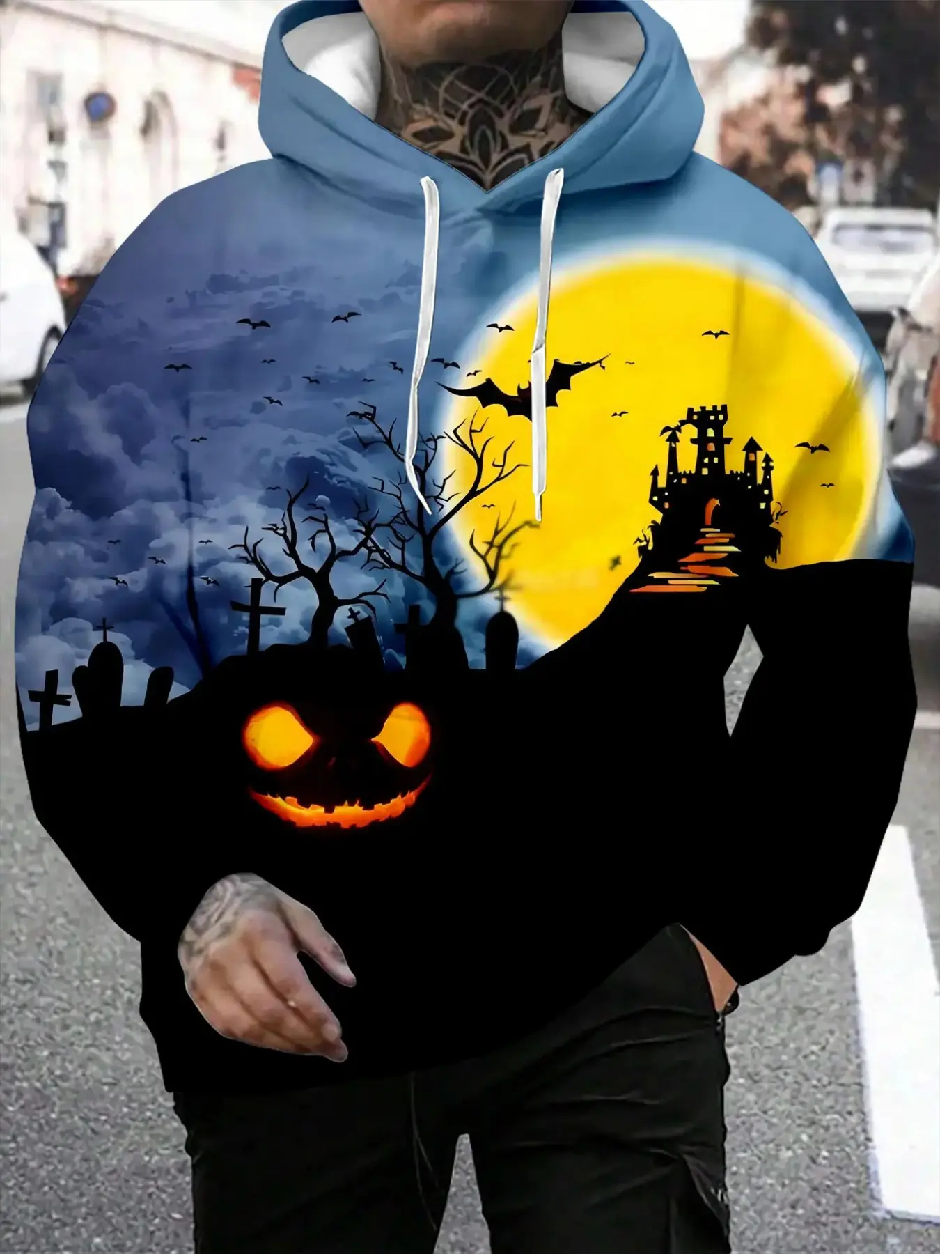Men's Blue Gradient Hoodie, Halloween Full Moon Ghost Castle Bat Graveyard Tree Glowing Pumpkin Light Patchwork Print Drawstring Pocket Long Sleeve Festival Sweatshirt