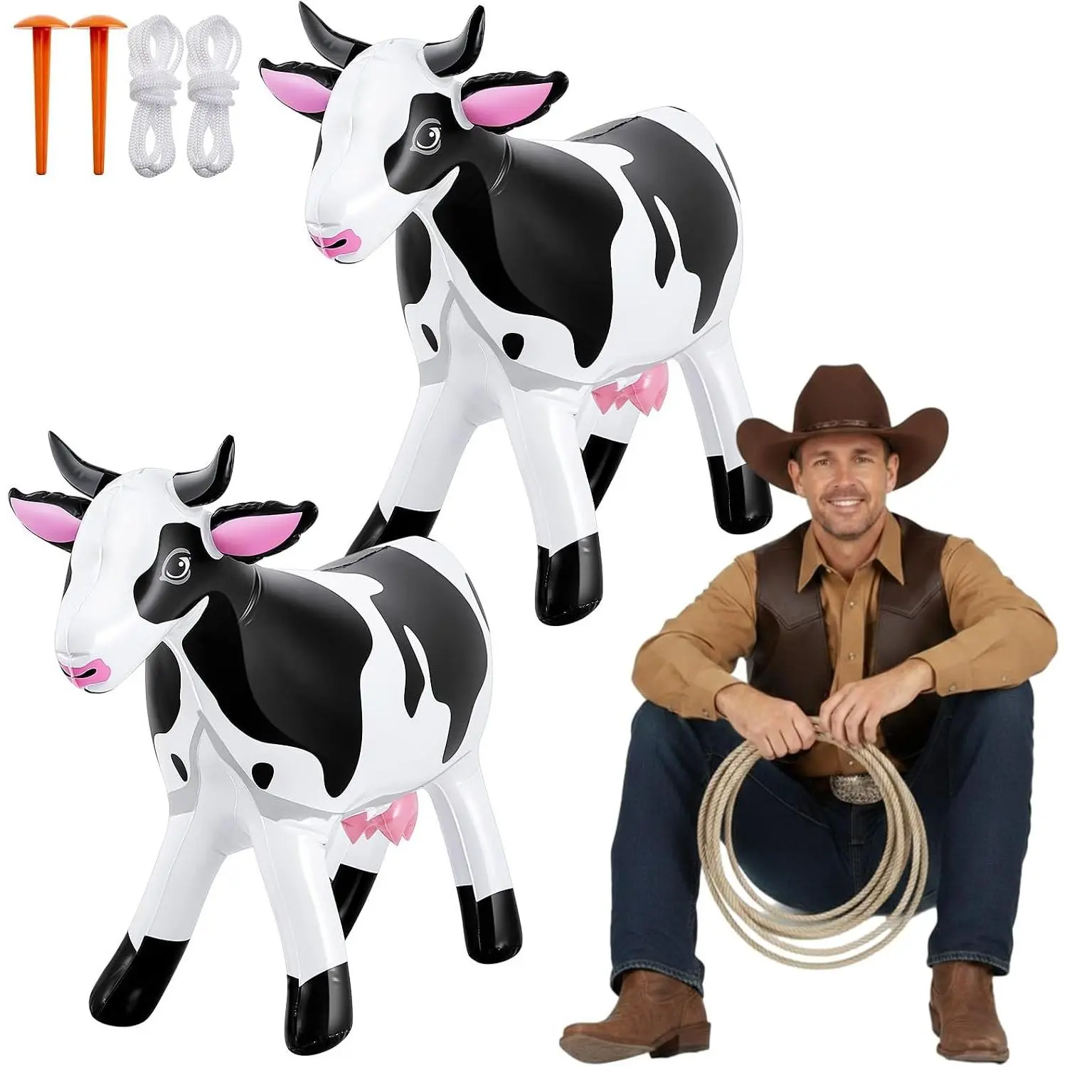 2 Pcs 37" Long Inflatable Cow Decorations 21" Tall Giant Blow up Cow Western Party Decorations Inflatable Gifts for Pool Party Decoration Animals Theme Birthday Indoor Outdoor Decor