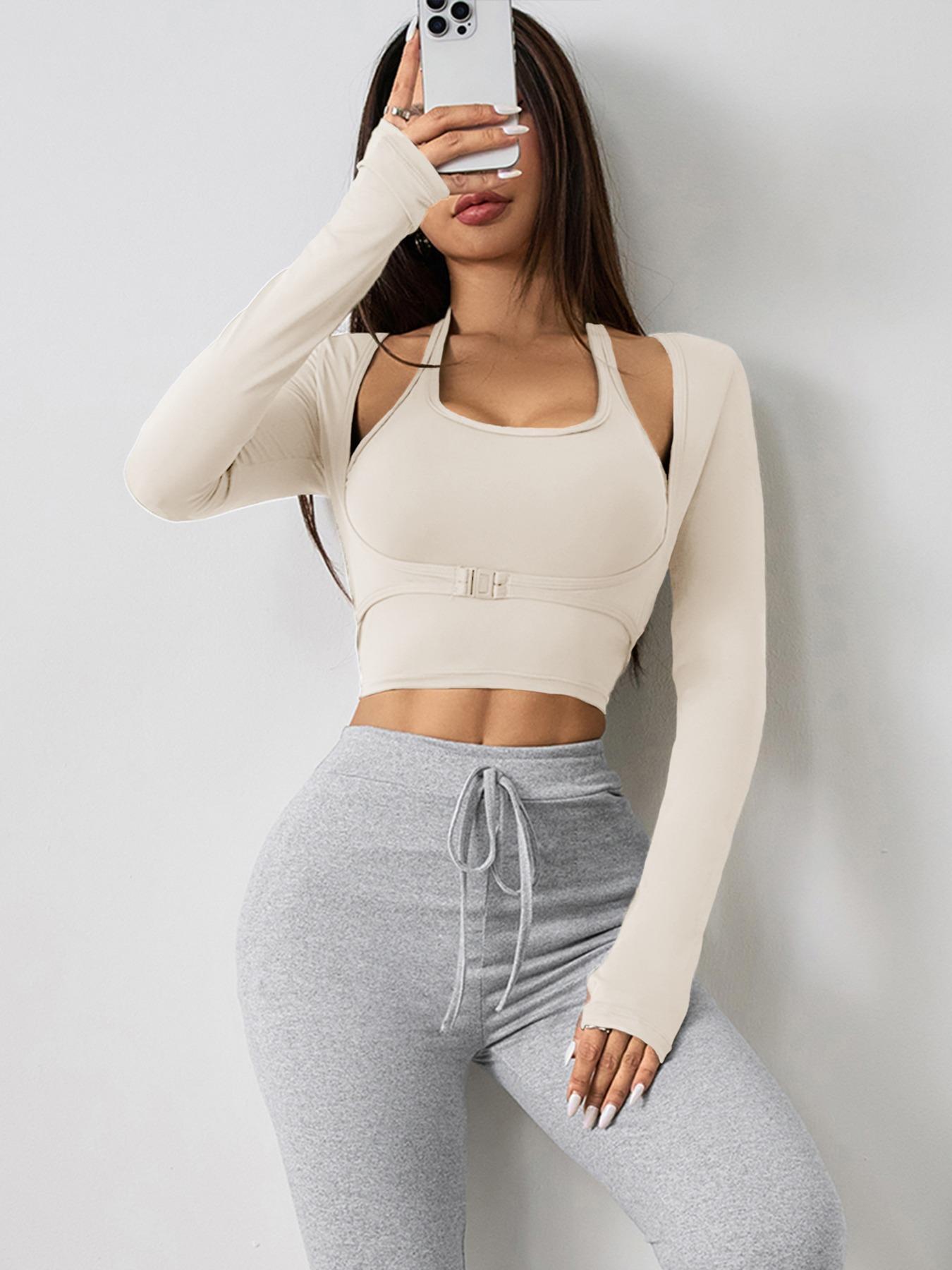 Women's Halter Crop Tank Top & Thumb Hole Sports Tee Set, Sleeveless Top & Buckle Front Sports Top Set, Gym Yoga Exercise Clothing Set for Women