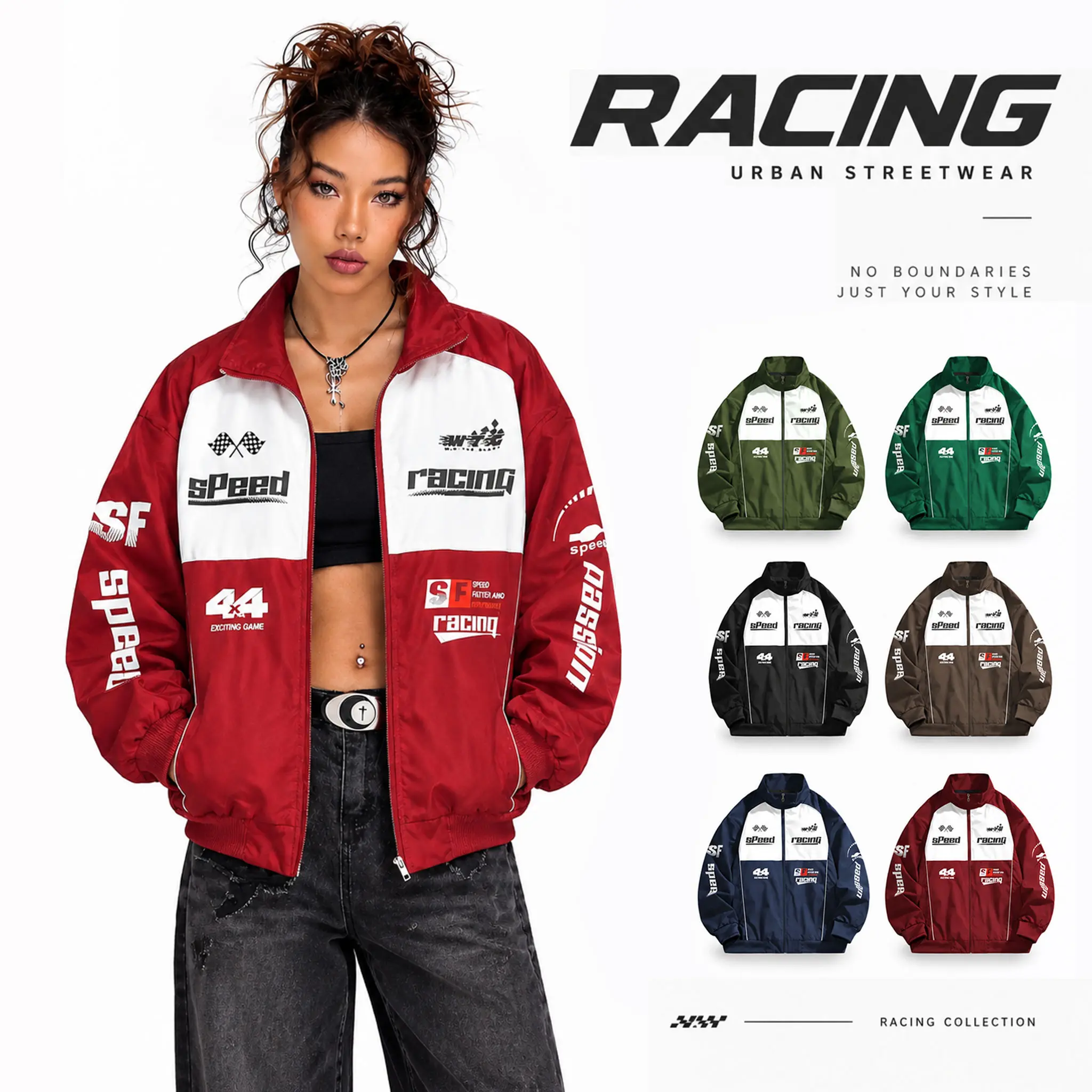 Trendy American racing-themed stand collar jacket for women, featuring red-and-white color blocking and an allover “speed” letter print, with a full zip closure—streetwear jacket.