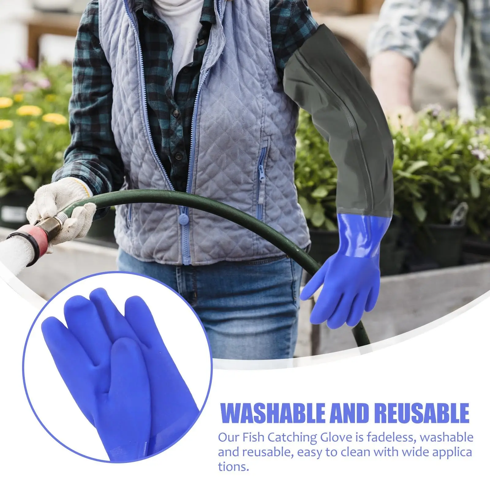 Waterproof Fishing Gloves with Extended Sleeve, Blue Elastic Cuff, Sturdy Outdoor Gardening and Pond Work Gloves, 1 Pair for Daily Use