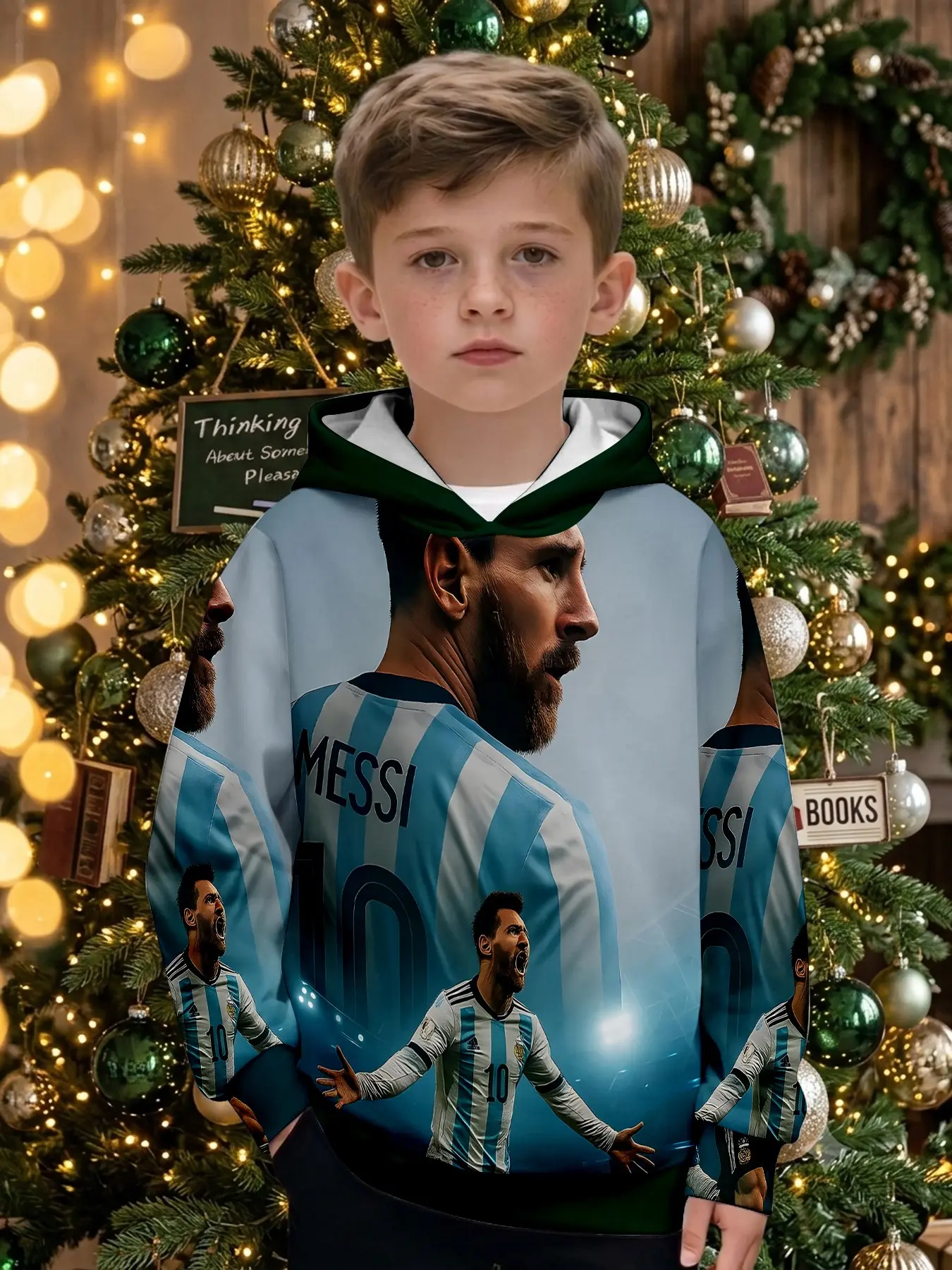 Messi 10 Argentina Soccer Jersey Print Boys' Hooded Sweatshirt, Long Sleeve Outdoor Top, Christmas Gift for Kids