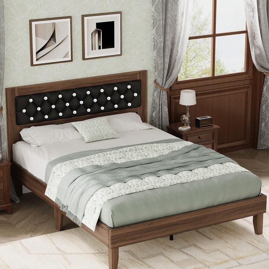Upholstered Bed Frame with Diamond Tufted Headboard, Vintage & Modern Style, Strong Wooden Slat Support, No Box Spring Needed, Noise-Free Easy Assembly