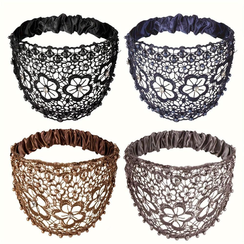 4-Pack Boho Lace Headbands with Faux Pearls, Wide Hollow Hair Wraps, Vintage Stretch Beaded Hair Accessories for Women