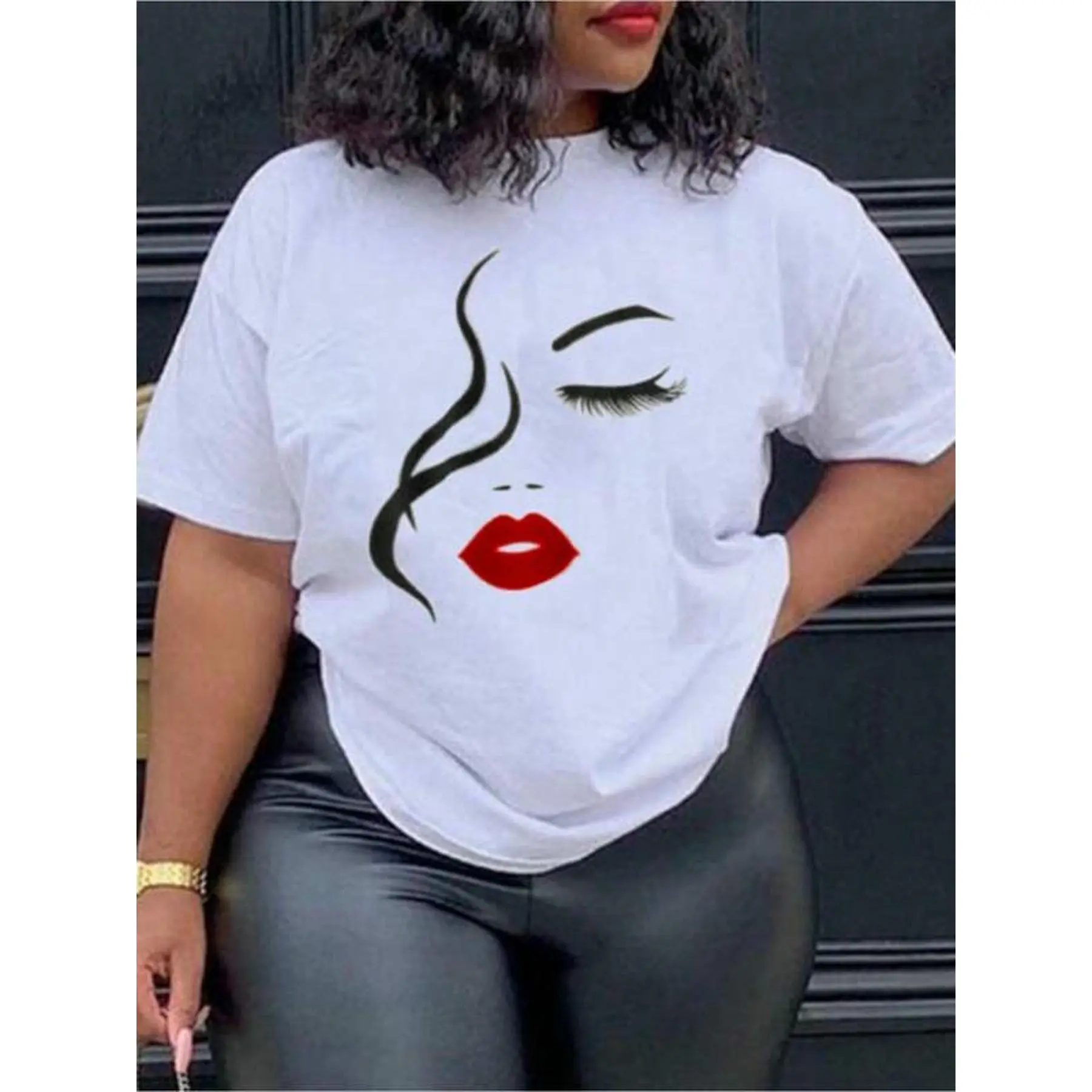 Women's 100% Polyester Slim-Fit Knit Crew Neck Shortsleeve Sports Top - Stylish Graphic Artistic Face Design with Long Lashes, Bold Red Lips, Vintage, Short Length, Machine Washable for Fall, Summer Parties, Dry Clean Option, Fabric