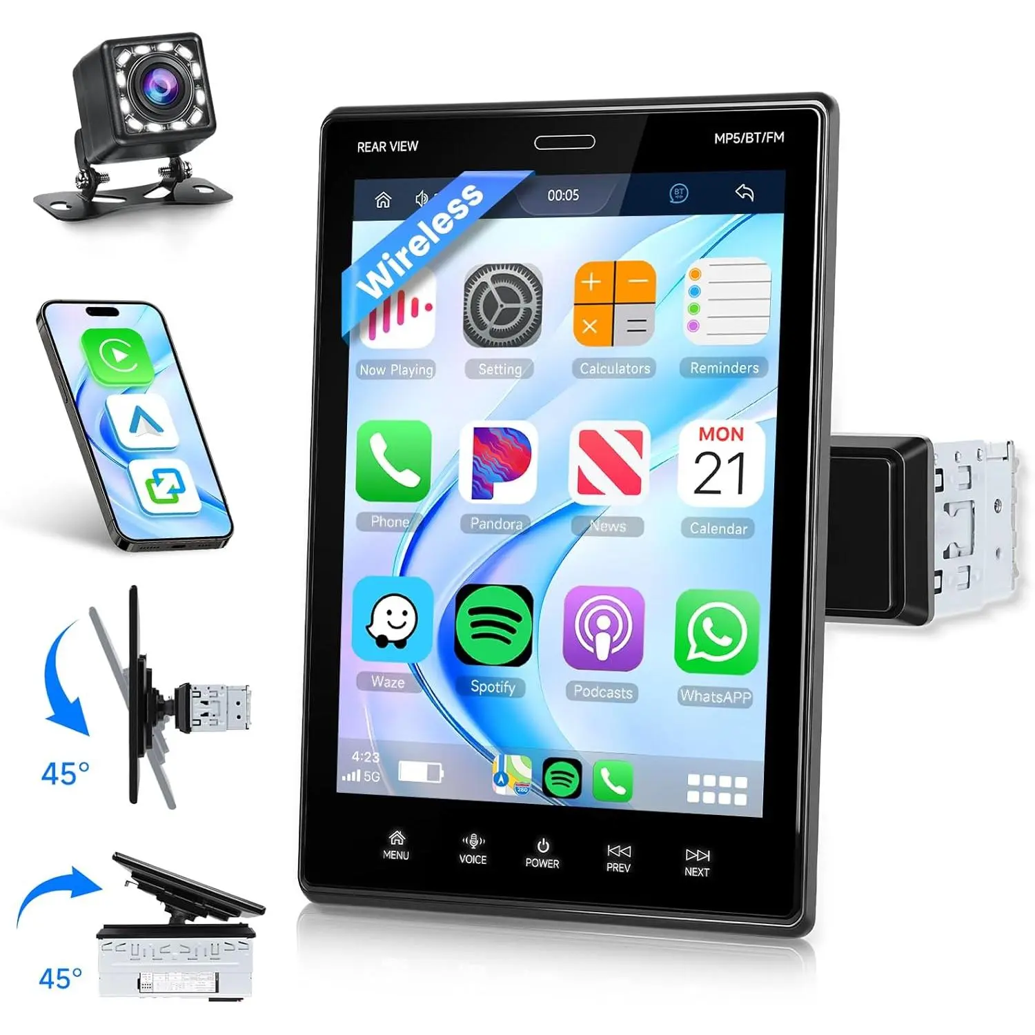 9.5 in Single-DIN Touchscreen Car Video Player, Wireless CarPlay & Android Auto Rotatable Car Stereo with Mirror Link, Bluetooth, AM FM RDS Radio/EQ, SWC, USB/TF, Backup Camera Included, Single-Din Touchscreen Car Video Players