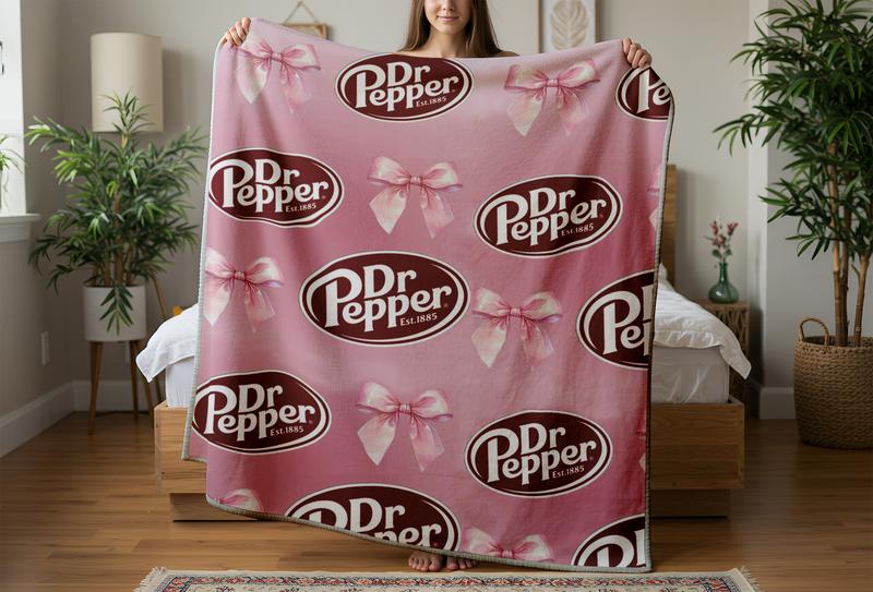 Dr. Pepper  Bow Pink Flannel Throw Blanket - Versatile For Sofa, Bed, Office, Camping- Cozy Nap Blanket