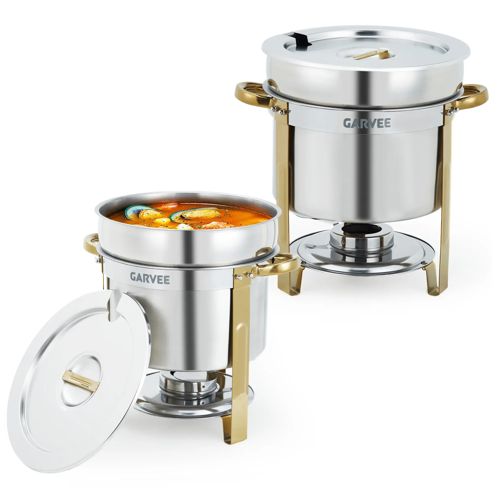 2 Pack Commercial 11QT Gold Stainless Steel Soup Chafer Warmer, Catering Buffet Food Heater with Notched Lids & Fuel Holders, Complete Lidded Soup Pot Set for Hotel Banquet Party Events