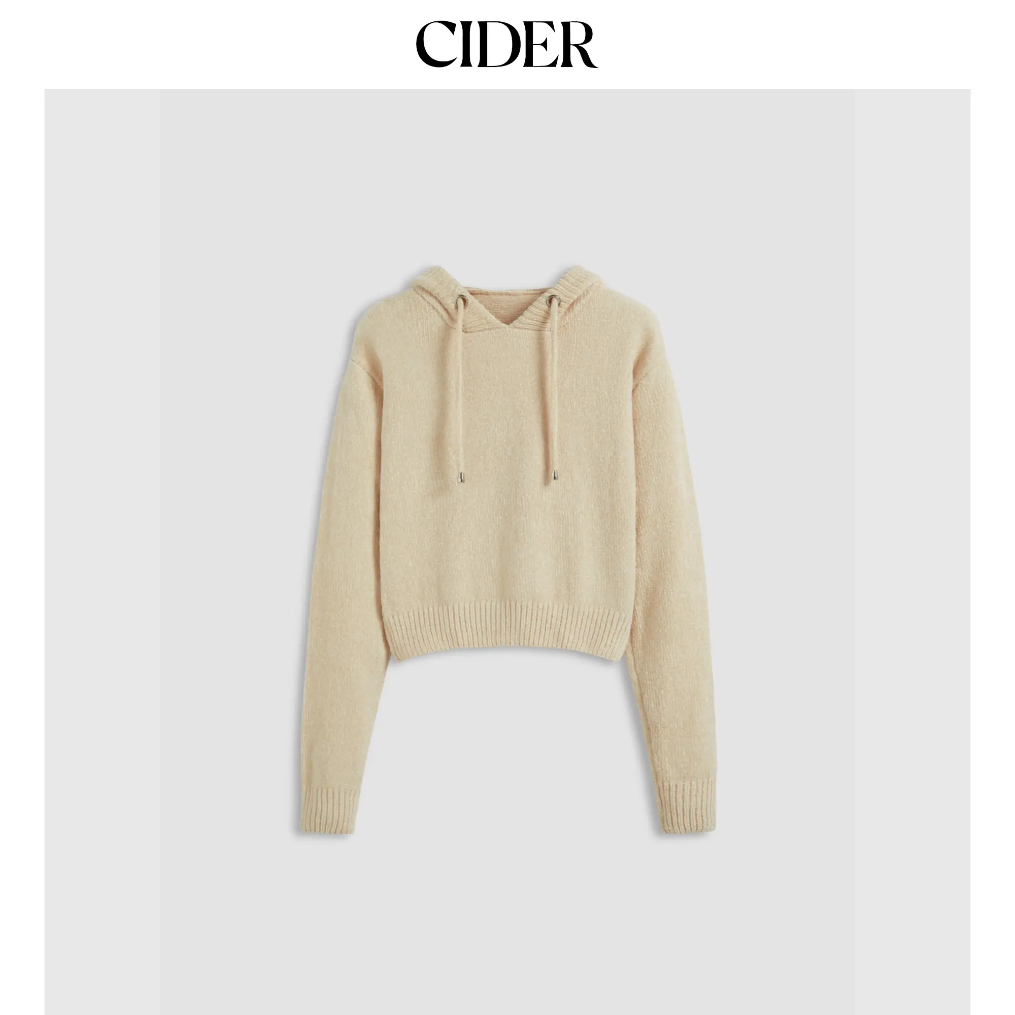 Cider [size 2-10] Knitted Hooded Solid Drawstring Long Sleeve Crop Top