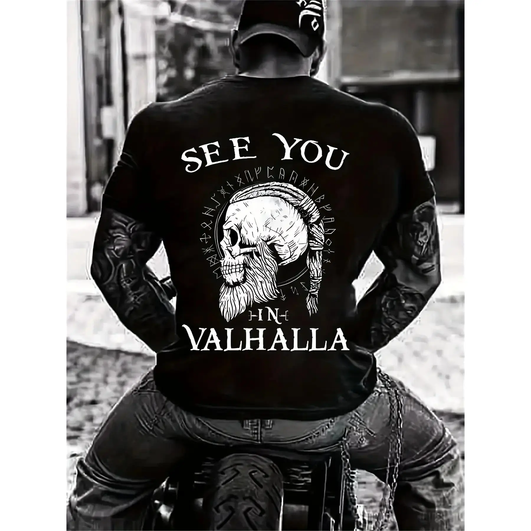 Men's Breathable Cotton Crew Neck Short-Sleeve T-Shirt - Full-Body Viking Skull & Valhalla Heat-Transfer Print, Fashion Streetwear Top, Regular Fit, Durable Material, Machine Washable, All Seasons, Suitable for Running & Casual Wear, Geometric Print, Grap