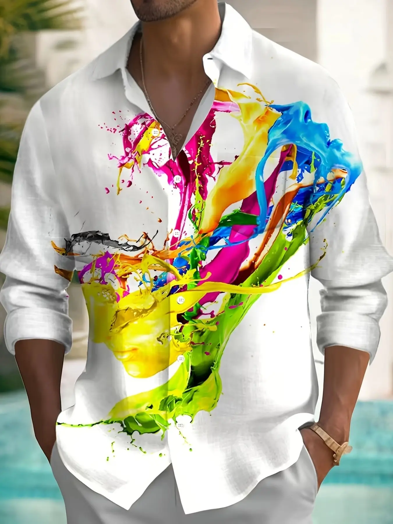 Men's colorful paint splash long-sleeve shirt, artistic paint splash printed men's long-sleeve shirt, vacation style loose fit, camp collar trendy casual shirt