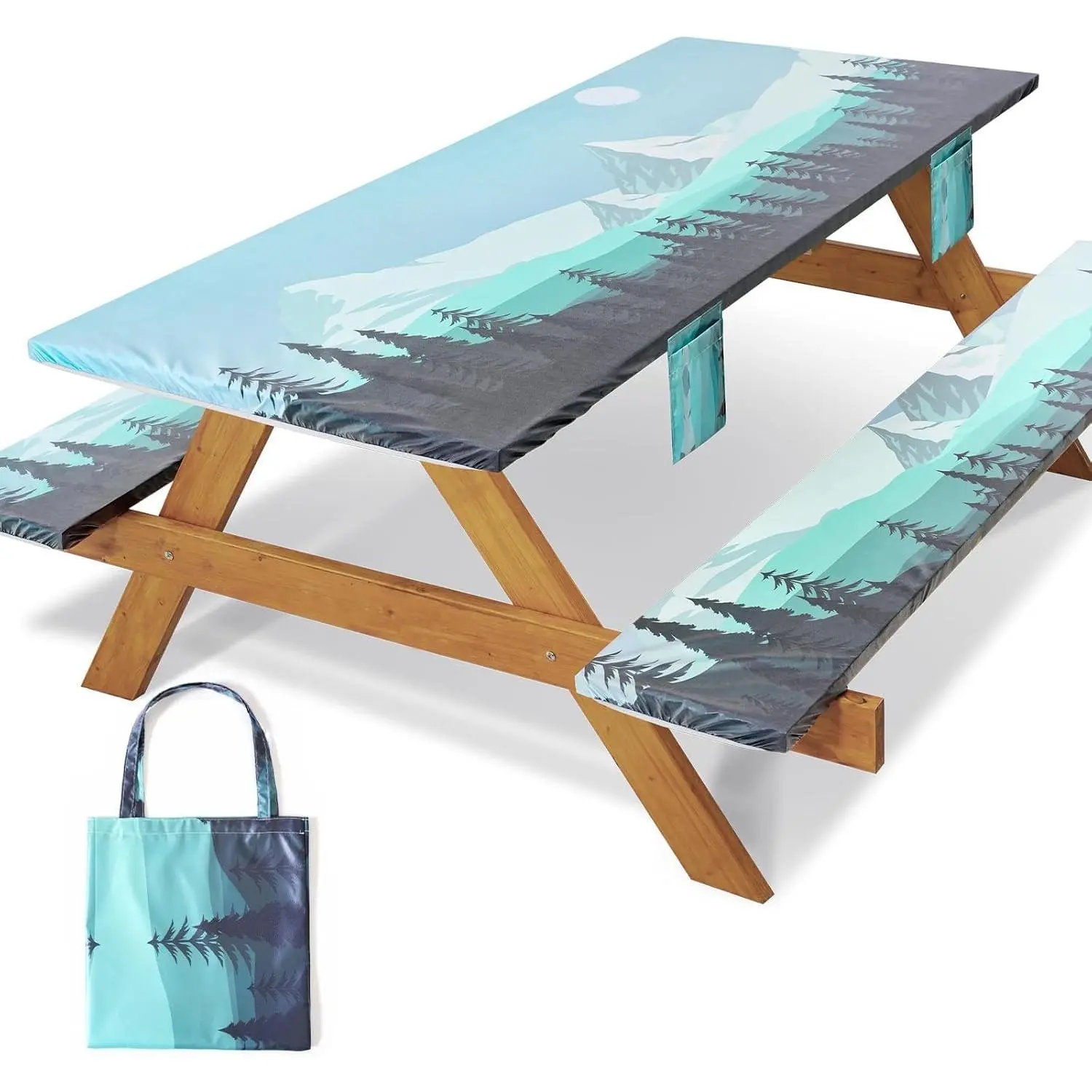Fitted Picnic Table Cover with Bench Covers Elastic Waterproof Outdoor Camping Tablecloth for 6 Foot Rectangle Tables Camper Summer Accessories Rv Car Essentials Vacation Gifts for Women Men