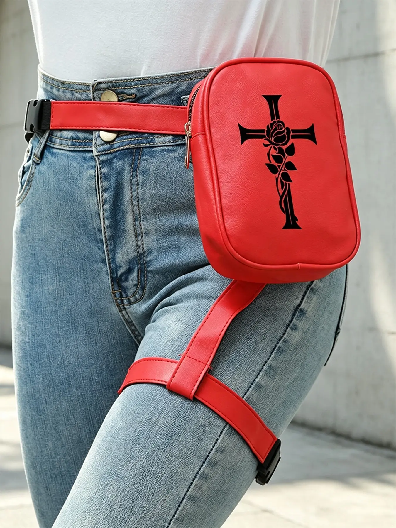 Cross Rose Print Leg Bag, Motorcycle Style Tactical Thigh Bag, Gym Lover Fashion Bag, Sports Travel Hands-Free Bag, Multifunctional Crossbody Chest Bag