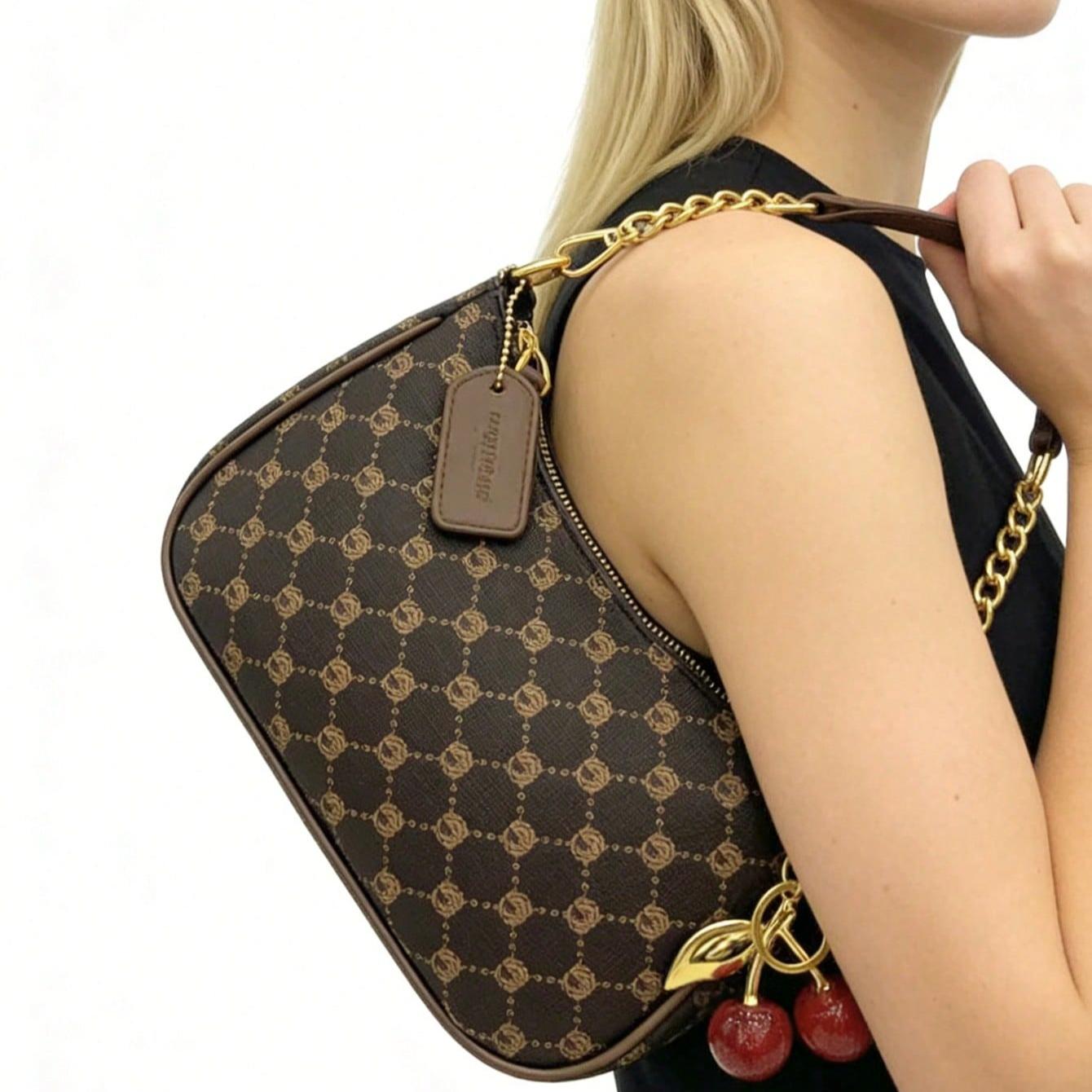 New Fashion Classic Shoulder Bag Versatile PU Waterproof Fabric Letter Pattern Decorative Design Handbag, Solid Color One-Shoulder Crescent Bag Women's Wallet Bag With Cherry Pendant Decoration, Elegant Commuter Bag, Suitable For Shopping, Party