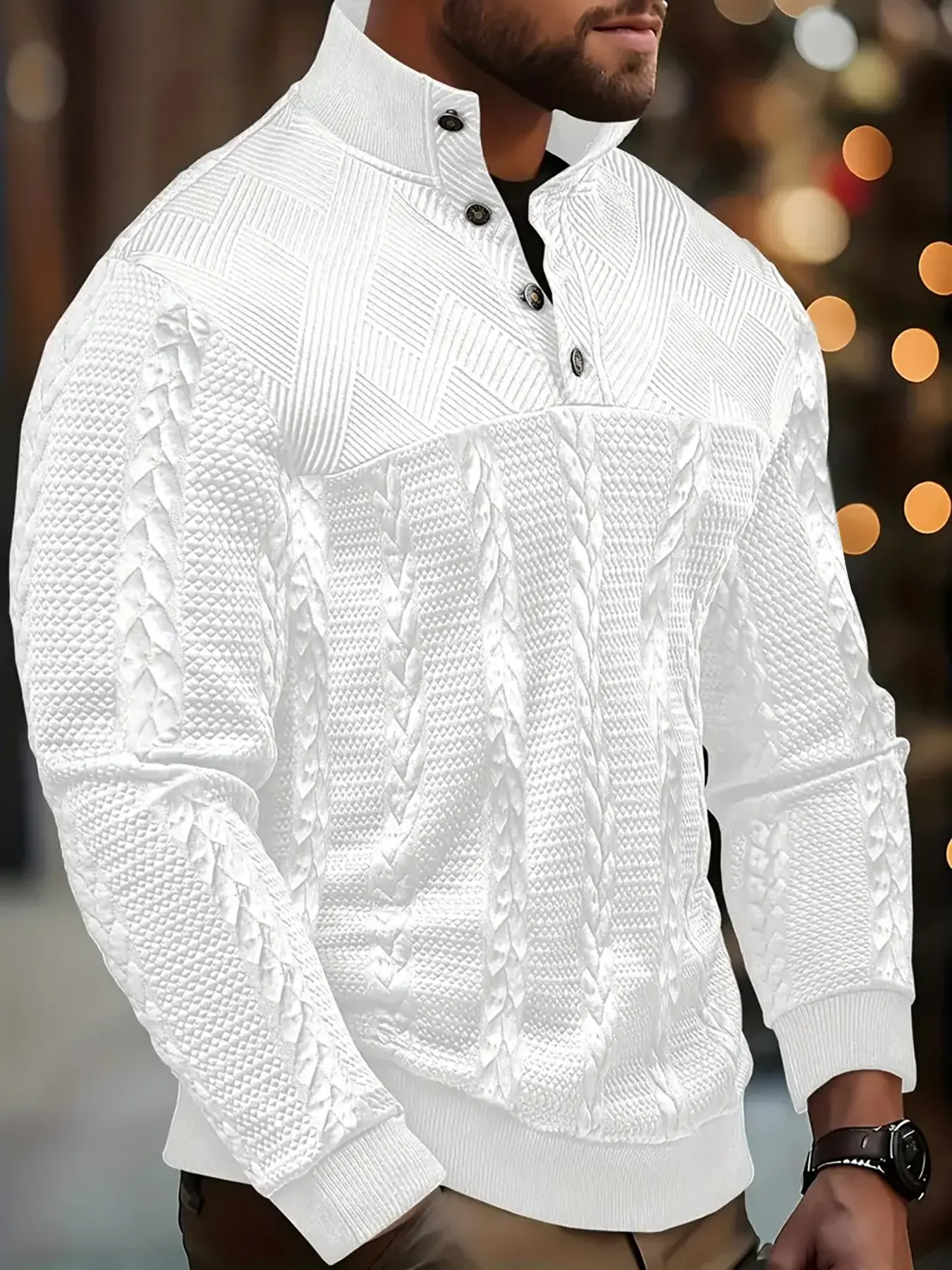 Men's Long Sleeve Henley Shirt, Soft Elastic Button Front, Knitted Jacquard Pullover, Outdoor Casual Wear, Fall Winter Fashion, Soft Knit Tops