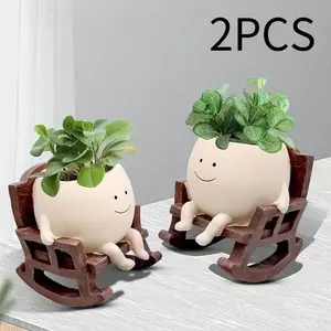Smiling Face Rocking Chair Resin Succulent Planter With Drainage Hole, Whimsical Swinging Design Dopamine Desktop Decor, Cute Indoor Plant Pot For Office, Bedroom Available In 1 Or 2 Pack Options
