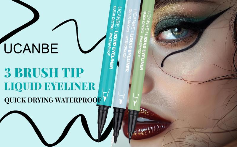 UCANBE 3pcs Black Liquid Eyeliner Kit - Different Sleek Brush Tips for Precision: Micro Fine, Slim Angled, and Thick Marker. Waterproof, Long-Lasting (24H), Quick Dry, Smudge-Resistant, Perfect for Daily & Bold Looks, Festivals, Parties, and Gifts