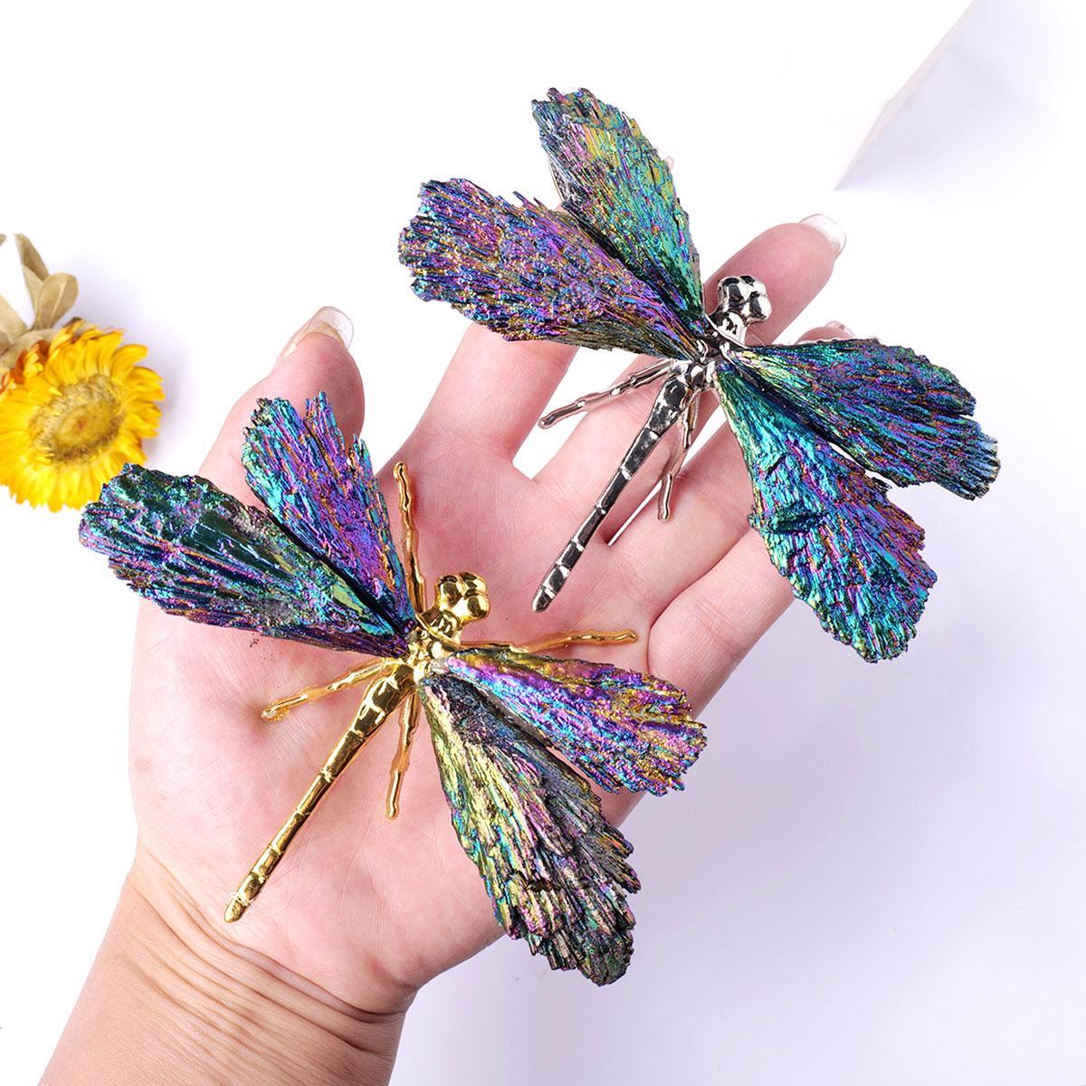 Natural Crystal Stone Electroplating Colorful Tourmaline Flame Feather, 1 Count DIY Dragonfly Animal Divination Decoration, Home Decoration, Crystal Butterfly