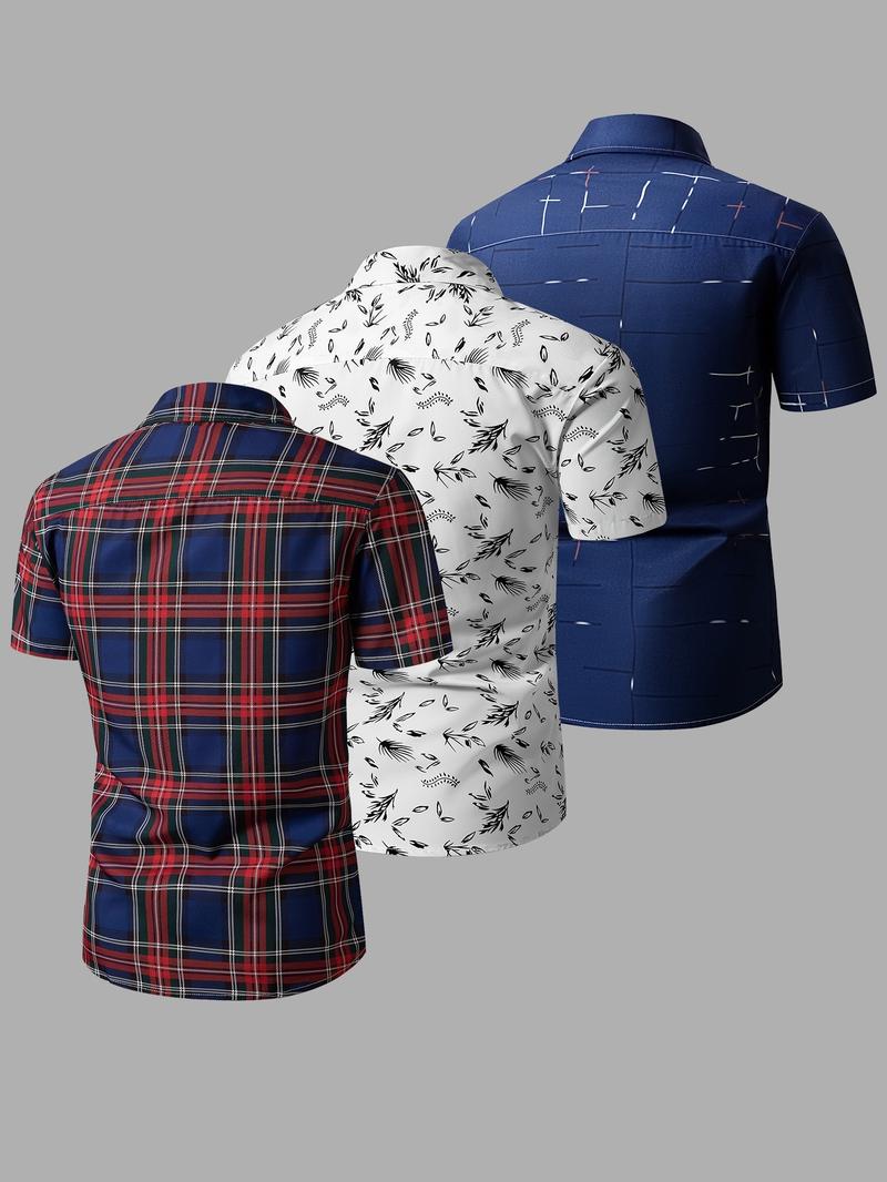 Men's Random Plaid Print Short Sleeve Shirt, Casual Party Shirt, Casual Regular Fit Button Collared Top for Summer, Men's Clothes for Daily Wear