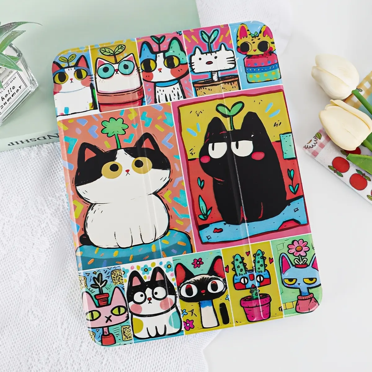 Cute Sprout Cat Pattern Tri-Fold Folio iPad Case, Soft TPU Cover with Built-in Pencil Slot, Auto Sleep/Wake & Adjustable Kickstand. Compatible with iPad A16, 10th/11th Gen, 10.2" iPad, 11" iPad Pro 2020/2021, 11" iPad Air, iPad 2025/2026 & Galaxy Tab S9FE