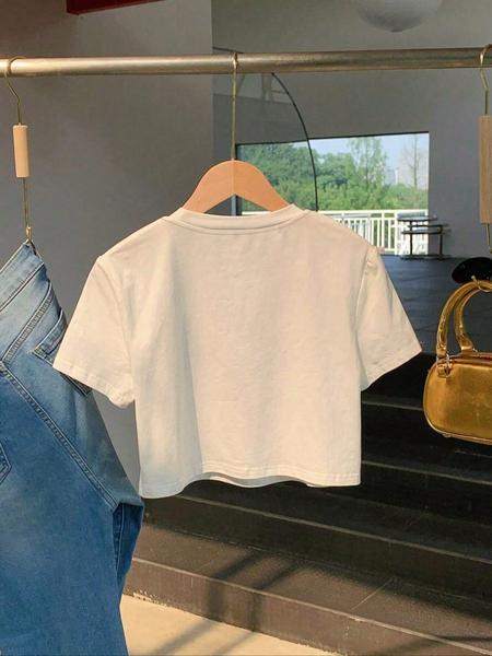 Women's "thanks It's The Trauma" Print Round Neck Crop Tee, Fashion Casual Crew Neck T-shirt for Daily Holiday Vacation Outdoor Wear, Ladies Clothes for Summer, Top