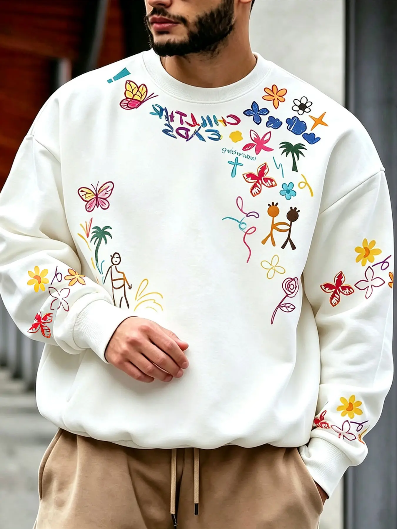 Y2K Boho Floral Butterfly Print Loose Round Neck Sweatshirt, Artistic Streetwear Pullover for Gen Z Men, Skateboarding & Casual