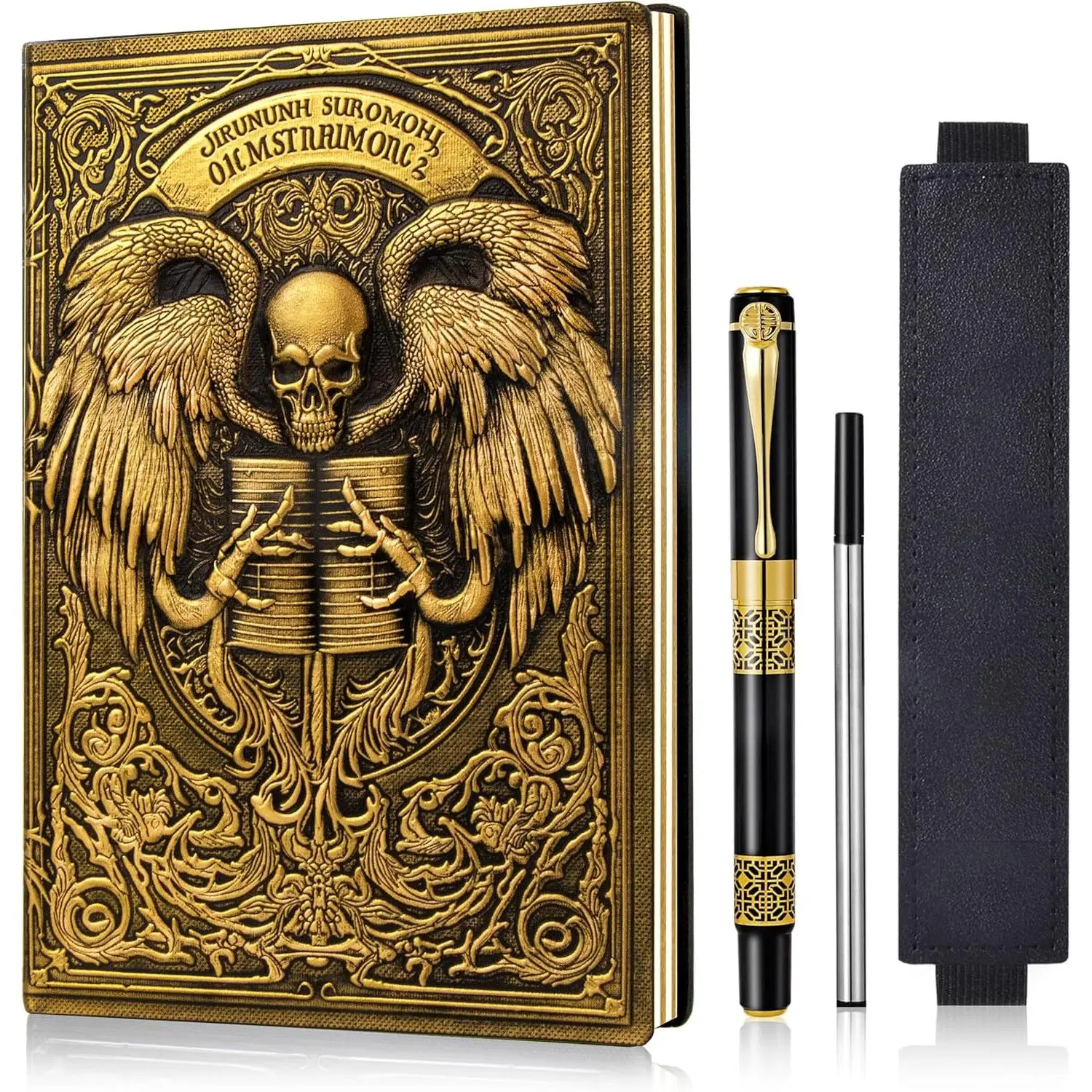 Angel Skull Embossed Leather Notebook A5 Travel Journal with Black Ballpoint Pen & Pen Sleeve,Antique  Daily Notepad Sketchbook for Men&Women