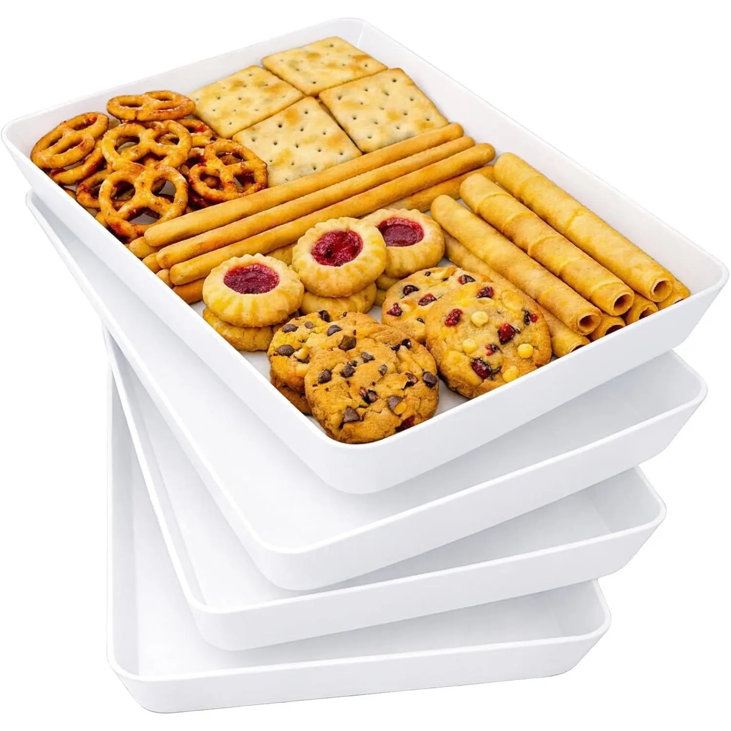 14.5" x 9.5" Large Plastic Serving Trays for Party, 4 Pack  White  Platters for Cookies, Desserts, Fruit, Appetizers & Charcuterie,  Catering Trays for Parties & Buffets
