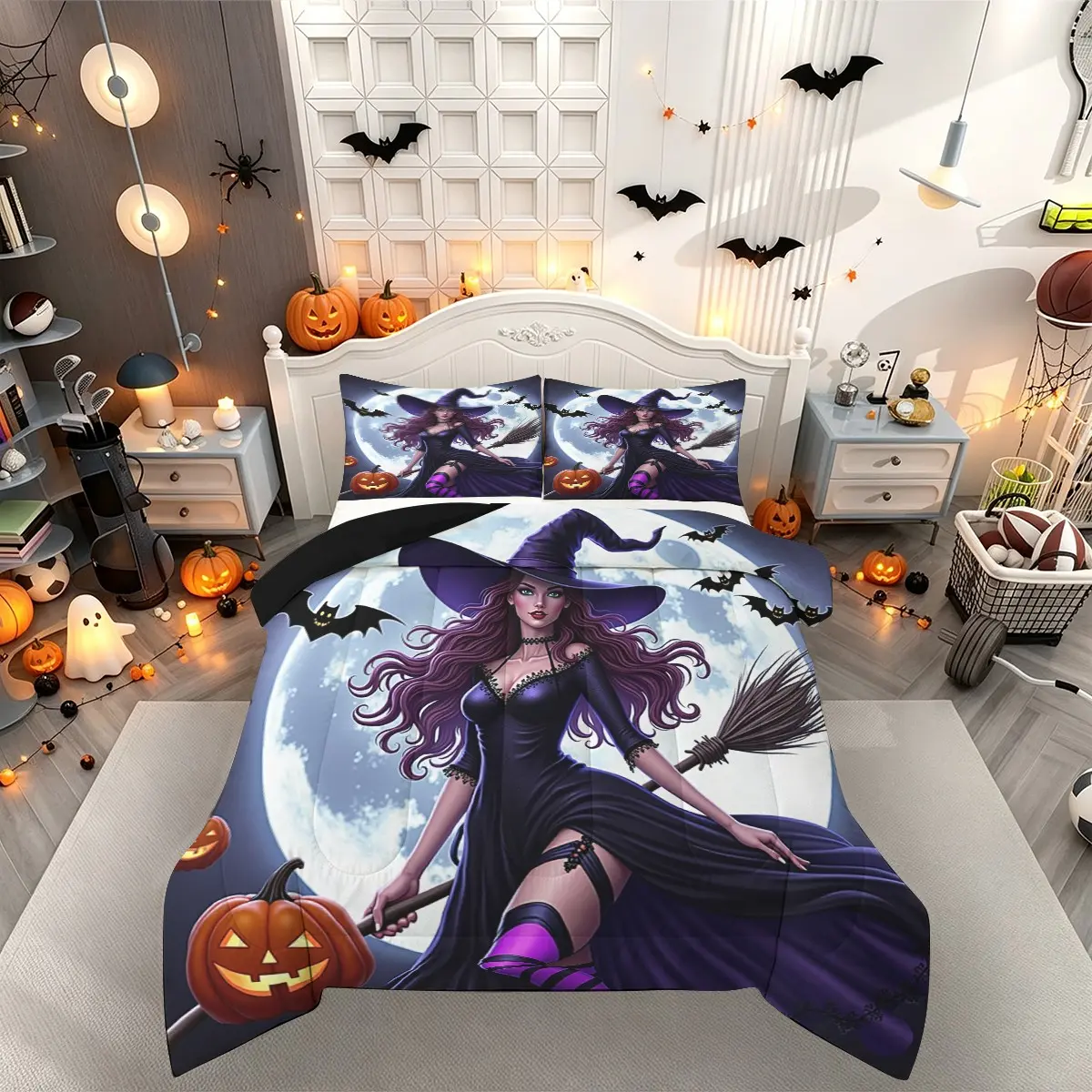 2/3pcs Halloween Witch Themed Quilt Set, Full Moon, Bat, Pumpkin Lantern Patterned Bedding Set, Purple And Black Witch Printed Quilted Quilt, Comfortable And Breathable, Gothic Eerie Bedroom Home Decor, Machine Washable. 1 Or 2 Pillowcases,No Filling