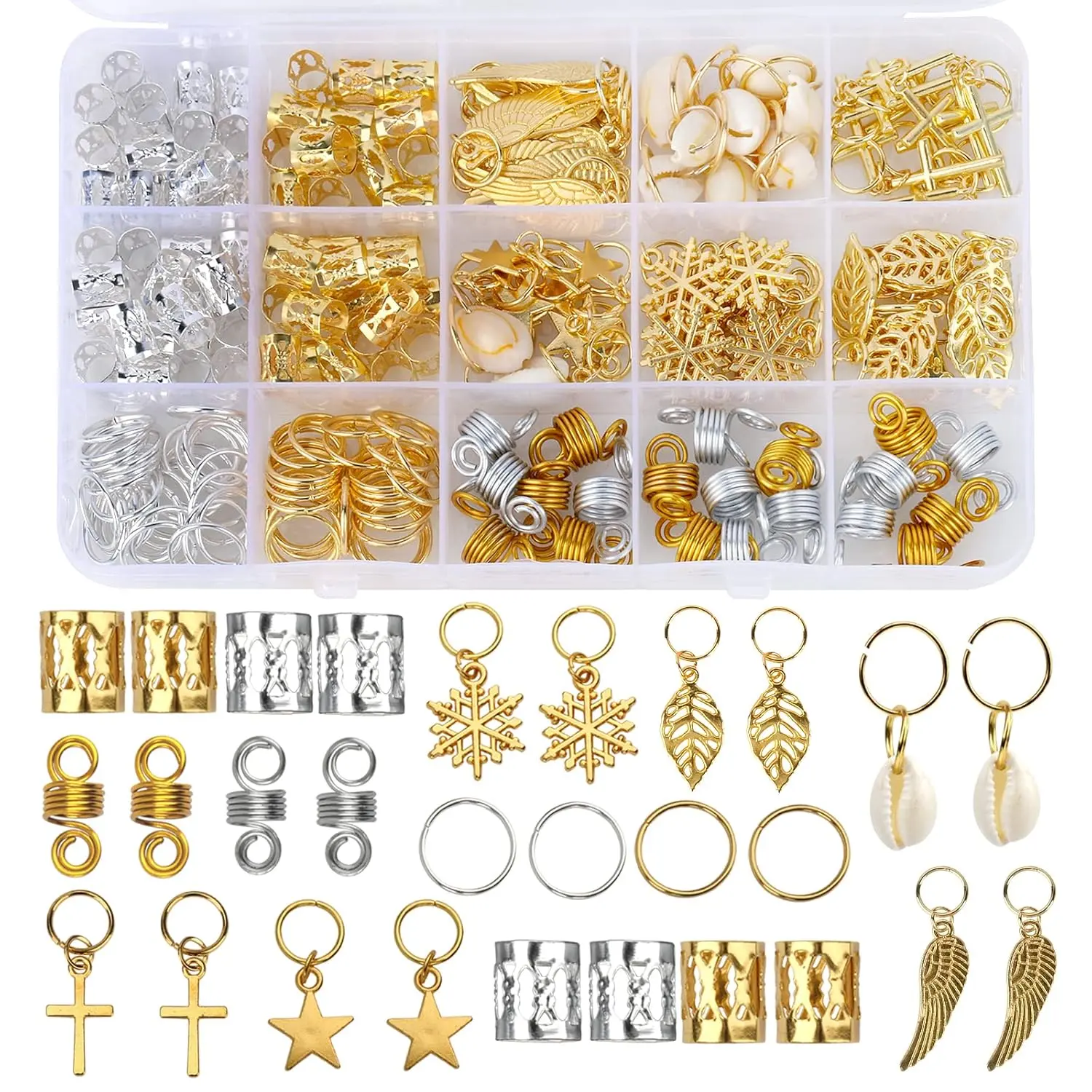 200 count Hair Beads for Women Braids, Loc Jewelry for Hair, Dreadlocks Accessories, Metal Gold Silver Clips Cuffs Coils Shells Rings for Hair Braiding Beard Decoration for Girls Women