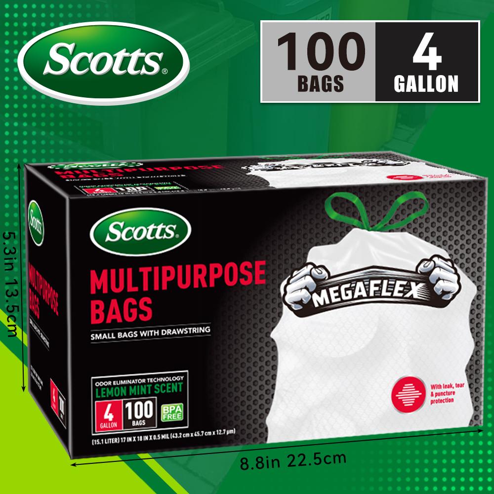Scotts 100 Bags 4 Gallon 1 Pack Expandable Plastic Disposable Garbage Bags-Super Strong Trash Bag, Leak-Resistant, Odor-Proof For Bedroom, Kitchen, Living Room, Outdoor, And Toilet Use - Convenient And Sanitary Waste Solution MULTIPURPOSE BAGS