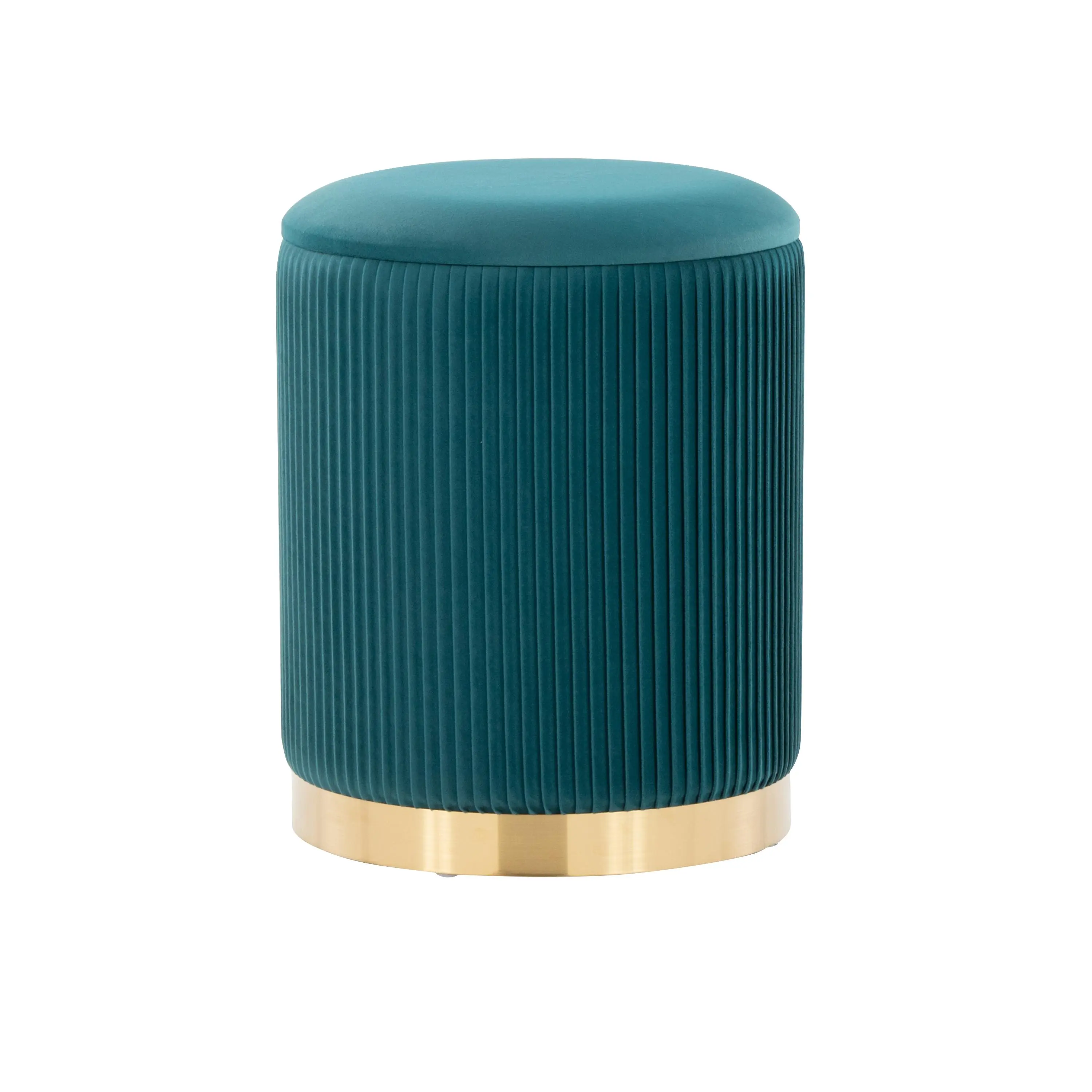 Nesting Pleated Ottoman Set with Gold Metal Frame and Peacock Teal Velvet Upholstery, 2-Piece Round Living Room Footstool Set, Modern Accent Stools