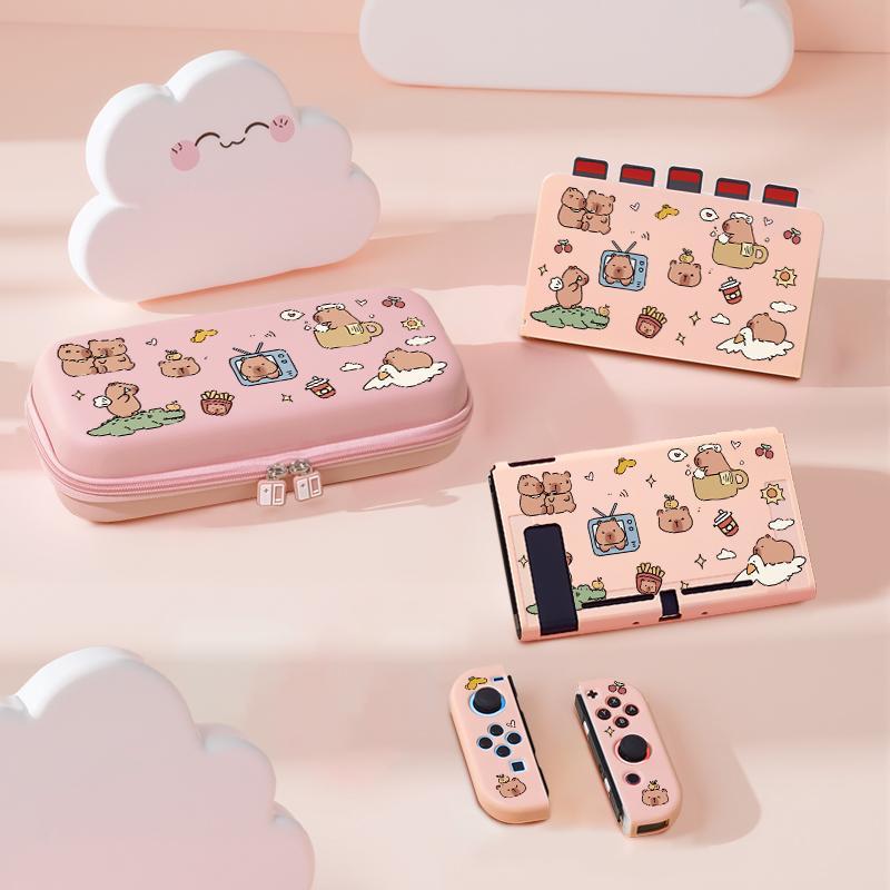 Cute Cartoon Pattern Protective Case Set, Covers and Protection for Switch, Including Handle Case, Keycap, Storage Bag, Card Stand, Protective Case, Console Accessories
