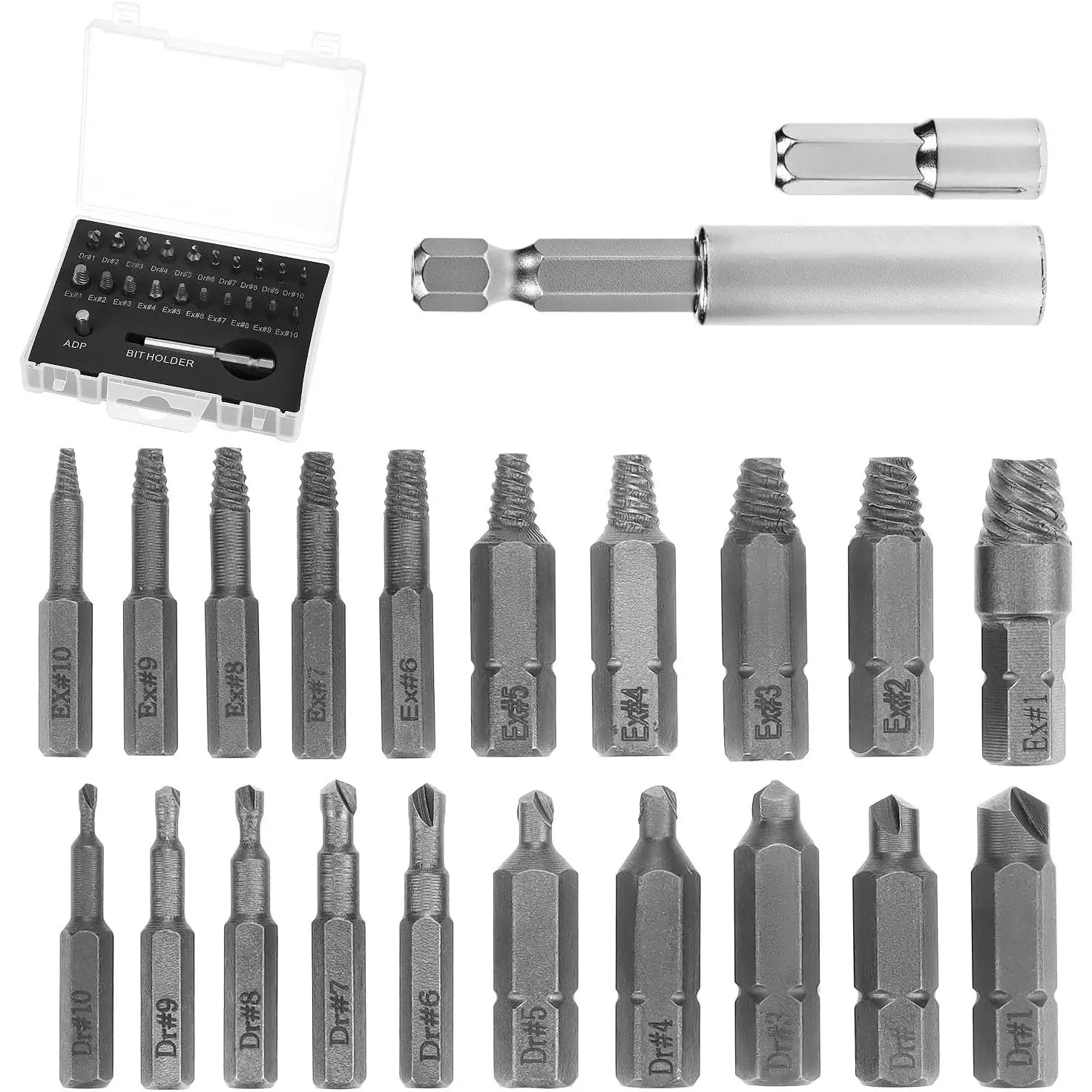 Screw Extractor Set for Stripped, Broken, Damaged Screws, 22 count Stripped Kit, Damaged Screw Remover Set, with  Extension Bit Holder and Socket Adapter