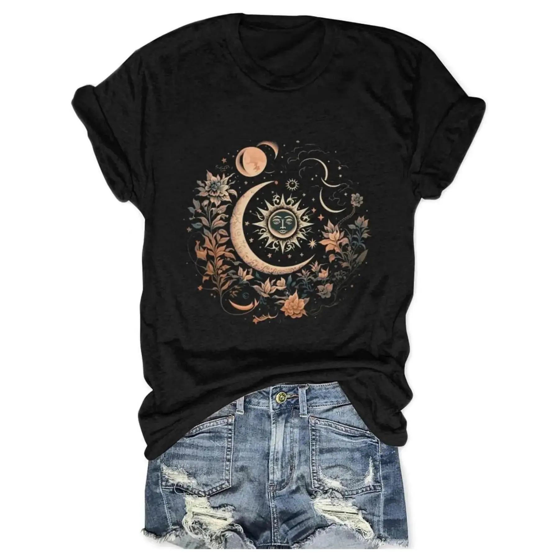 Women Mystical Moon and Sun Flower Shirt Vintage Wildflower T Shirts Boho Graphic Tees Short Sleeve Celestial Moon Tops